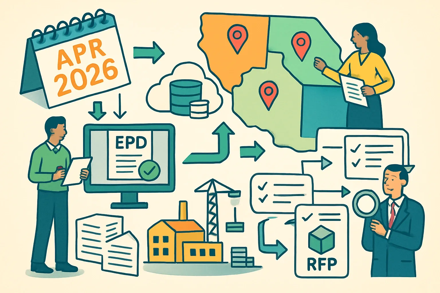 Generate an illustration for an article following this concept:

April 2026 EPD News, Region by Region
April’s EPD headlines point to one thing manufacturers can bank on this bid season: documentation is moving from nice-to-have to default setting. New deadlines lock in, national databases swell, and procurement rules keep nudging specs toward verified numbers. Teams that streamline data collection and verification now will protect margins later by shortening submittal cycles and staying in play when embodied‑carbon checks land in the RFP fine print.

Ensure that you use no text, as this illustration will be used on international translations of the article..

Use an illustrative style (e.g. isometic) and don't generate in a photorealistic style.
