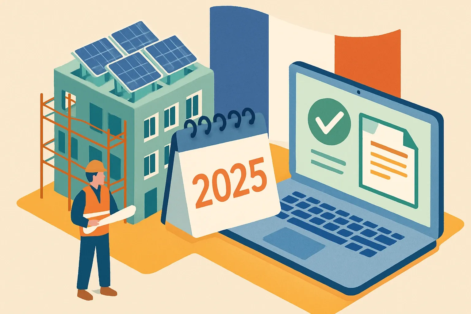 Generate an illustration for an article following this concept:

France’s building code update, December 2025
France’s RE2020 hits its 2025 step while the government rolls out a new digital attestations portal. If you sell into projects in France, this is the moment to tighten product data, refresh EPDs for A2 format, and make sure your declarations are visible in INIES so designers can actually use them in models.

Ensure that you use no text, as this illustration will be used on international translations of the article..

Use an illustrative style (e.g. isometic) and don't generate in a photorealistic style.