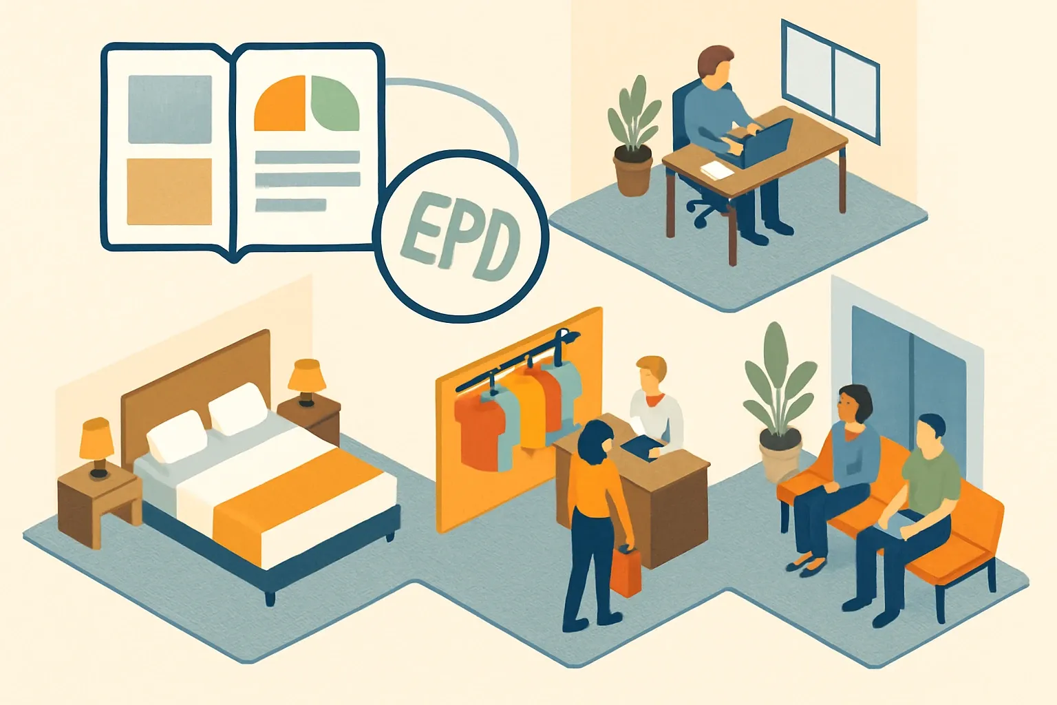 Generate an illustration for an article following this concept:

Dickson Flooring: portfolio and EPD coverage at a glance
Dickson’s woven vinyl floors show up in offices, hotels, retail, and public spaces for a textile look with resilient performance. If your projects chase LEED points or carbon targets, the question is simple. Do the SKUs you pitch come with product‑specific, third‑party EPDs, or will submittals hit speed bumps when materials are tallied?

Ensure that you use no text, as this illustration will be used on international translations of the article..

Use an illustrative style (e.g. isometic) and don't generate in a photorealistic style.