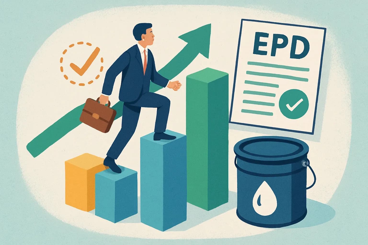 Generate an illustration for an article following this concept:

Nor‑Maali’s EPD debut raises the competitive bar
January 2026 marks a first for Nor‑Maali. The Finnish industrial coatings maker has published a product‑specific Environmental Product Declaration for Akvanor DTM through EPD Hub, a move that turns sustainability talk into specification‑ready data. For buyers who filter shortlists by verified impacts, this is the moment a good product becomes easier to pick.

Ensure that you use no text, as this illustration will be used on international translations of the article..

Use an illustrative style (e.g. isometic) and don't generate in a photorealistic style.
