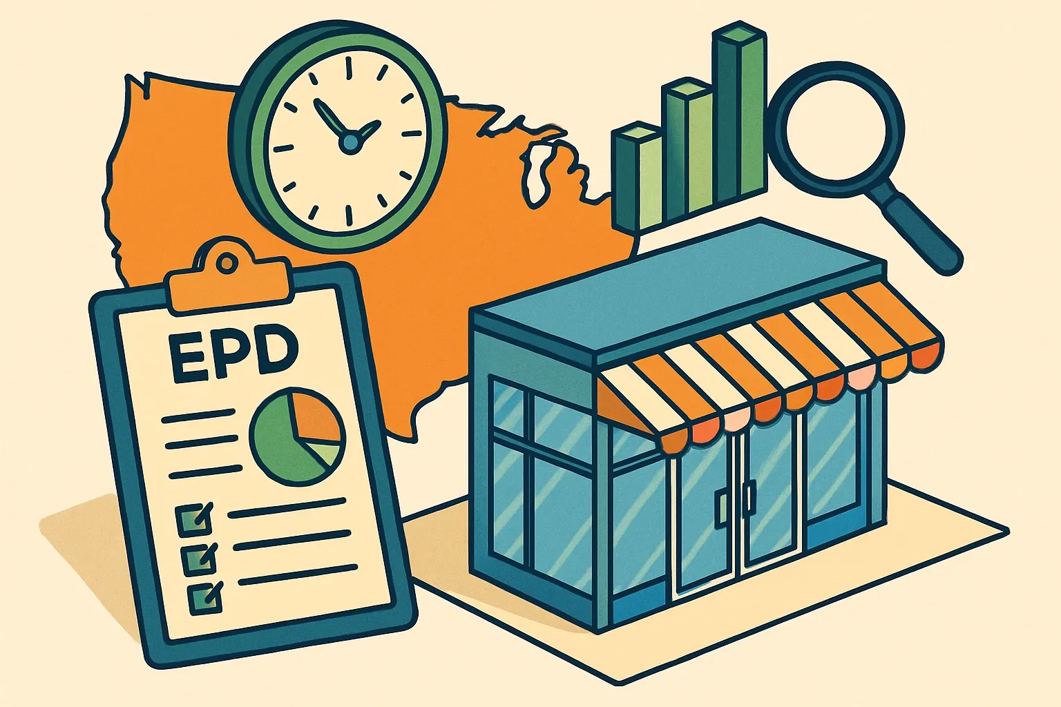 Generate an illustration for an article following this concept:

EPDs for Storefronts in the U.S. The ultimate guide
If you make aluminum storefront framing or glazed entrance systems, 2026 is the year to get your EPD house in order. The current U.S. landscape is small but clear, and the renewal clock is already ticking for several declarations. Here is the definitive, data‑backed view so you can choose the right PCR, the right program operator, and ship faster than your rivals.

Ensure that you use no text, as this illustration will be used on international translations of the article..

Use an illustrative style (e.g. isometic) and don't generate in a photorealistic style.