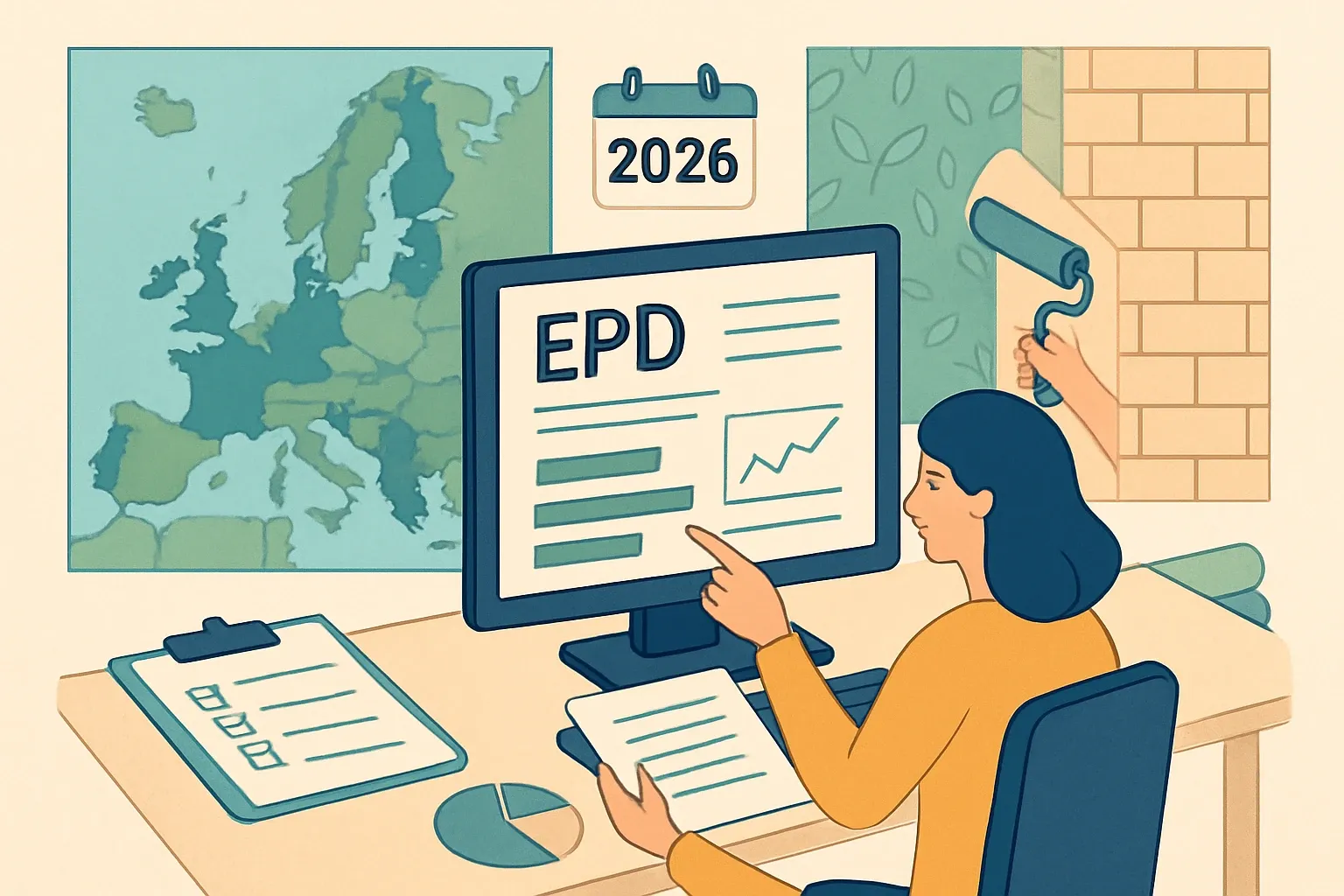 Generate an illustration for an article following this concept:

EPDs for Wall Finishes in Europe: The Data Guide
Plan your 2026 EPD strategy with confidence. This Europe‑focused deep dive covers wall finishes and wall coverings from end to end, using the latest five years of public registry data, so you can benchmark, pick the right PCR and program operator, and time renewals without guesswork.

Ensure that you use no text, as this illustration will be used on international translations of the article..

Use an illustrative style (e.g. isometic) and don't generate in a photorealistic style.