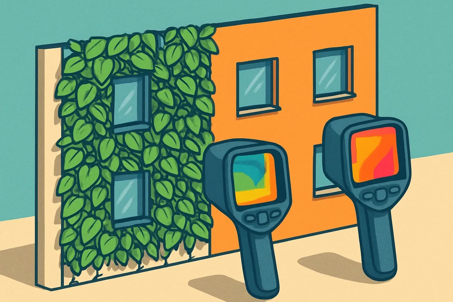 Side profile of a building façade with a vegetated trellis dropping thermal camera readings compared with bare wall.
