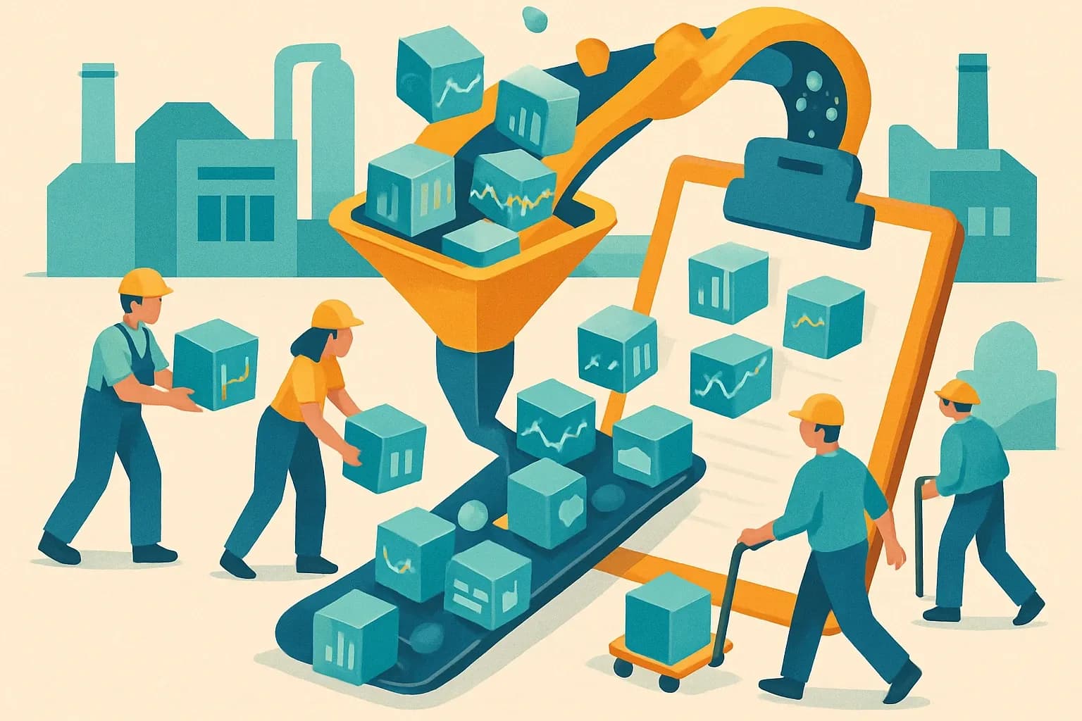 Factory floor illustration with workers collecting data boxes flowing into a clipboard.