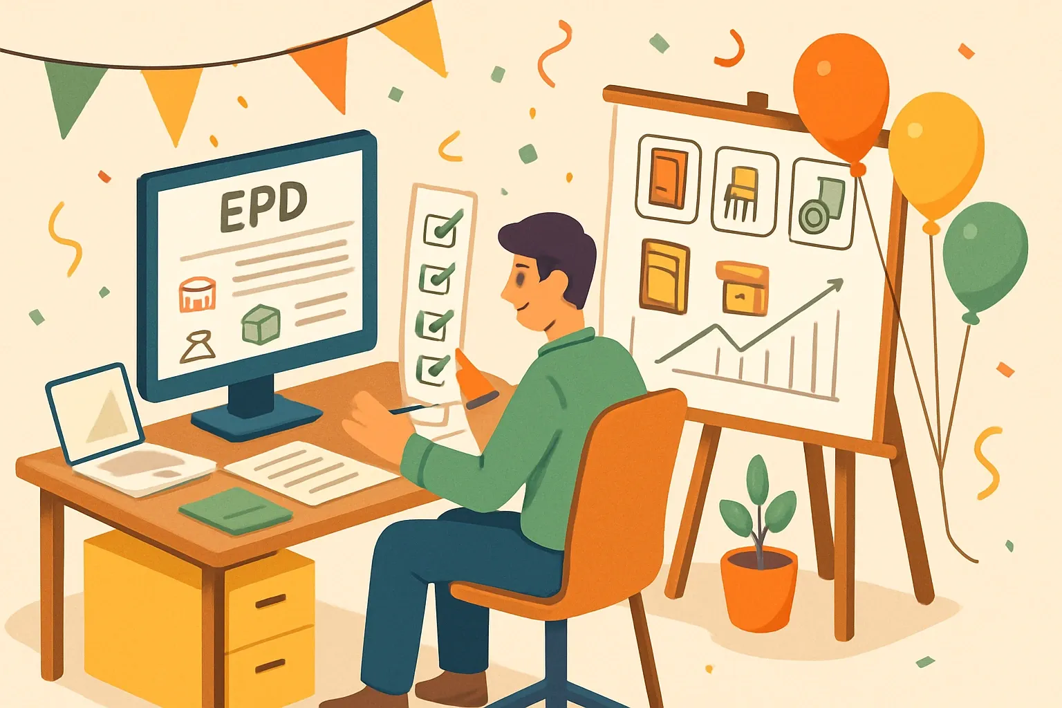 Generate an illustration for an article following this concept:

Quick check before we celebrate this EPD batch
I’m ready to write a tight, upbeat post that spotlights this week’s EPD batch release and why it matters for specs and sales. I just need a few details to pull the exact records, verify product categories, program operators, and developer credits, then craft the Parq‑style analysis you’re after.

Ensure that you use no text, as this illustration will be used on international translations of the article..

Use an illustrative style (e.g. isometic) and don't generate in a photorealistic style.