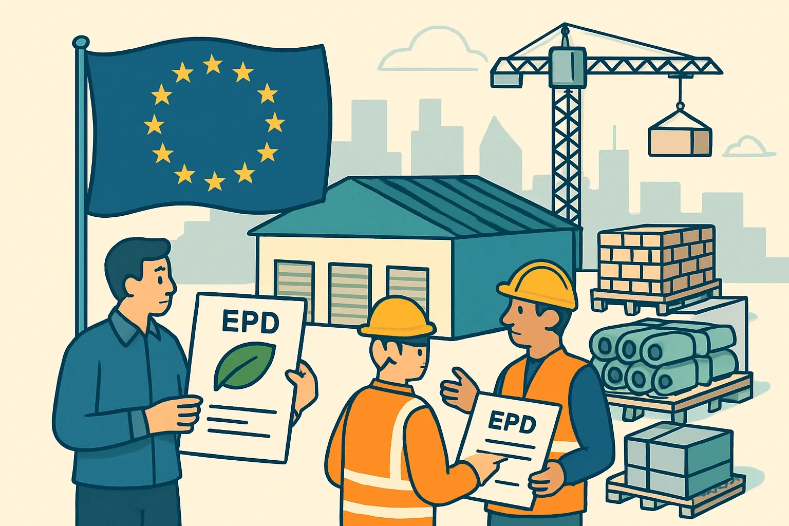 Generate an illustration for an article following this concept:

CPR‑ready EPDs go portfolio‑wide in Europe
Europe’s new Construction Products Regulation starts applying on January 8, 2026, and EPD obligations will scale product‑family by product‑family over the coming years. Manufacturers in the Netherlands and across the EU are moving from single‑SKU LCAs to portfolio programs with industrialized third‑party verification so sales teams keep bidding without compliance slowdowns. The upside is clear: faster specs, fewer price‑only battles, and durable readiness for evolving rules (Council of the EU, 2024).

Ensure that you use no text, as this illustration will be used on international translations of the article..

Use an illustrative style (e.g. isometic) and don't generate in a photorealistic style.