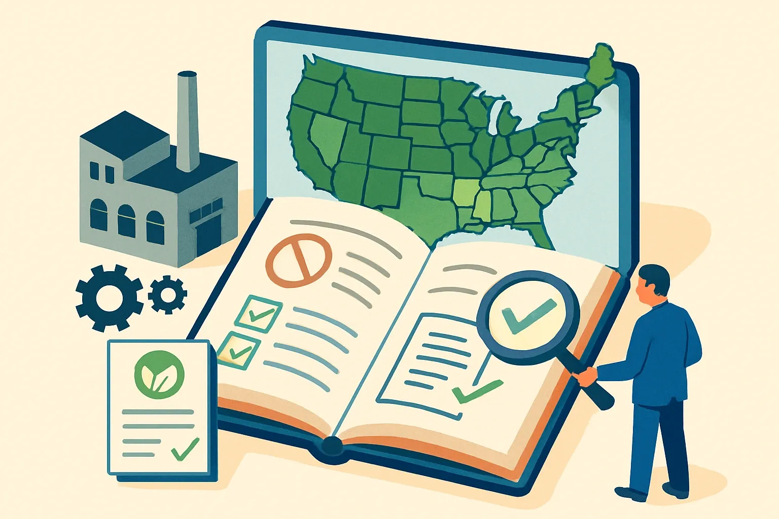 Generate an illustration for an article following this concept:

Nine States, One Buy Clean Rulebook
Buy Clean moved from California’s backyard to a multi‑state front door. If a product ships without a product‑specific, third‑party verified EPD that clears the right GWP line, many public buyers will screen it out before anyone opens your price. The nine‑state bloc now covers coast‑to‑coast bids, and New York and Minnesota are locking concrete thresholds into 2026 calendars. The US Climate Alliance is keeping a shared playbook even as federal levers shift. Translation for a risk‑averse VP of Sales: qualification is the new competitive edge.

Ensure that you use no text, as this illustration will be used on international translations of the article..

Use an illustrative style (e.g. isometic) and don't generate in a photorealistic style.