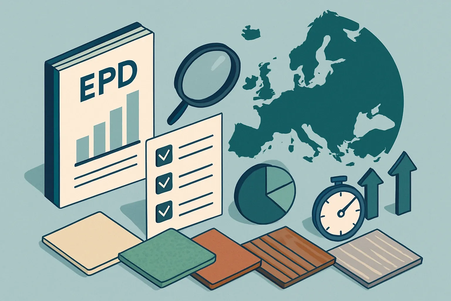 Generate an illustration for an article following this concept:

EPDs for Flooring in Europe: Definitive Data Guide
Planning an EPD for vinyl, linoleum, laminate, carpet, or wood flooring in 2026? Here is the data picture for Europe, with the key players, rulebooks, and timing signals that help product teams move quickly and win specs without guesswork.

Ensure that you use no text, as this illustration will be used on international translations of the article..

Use an illustrative style (e.g. isometic) and don't generate in a photorealistic style.