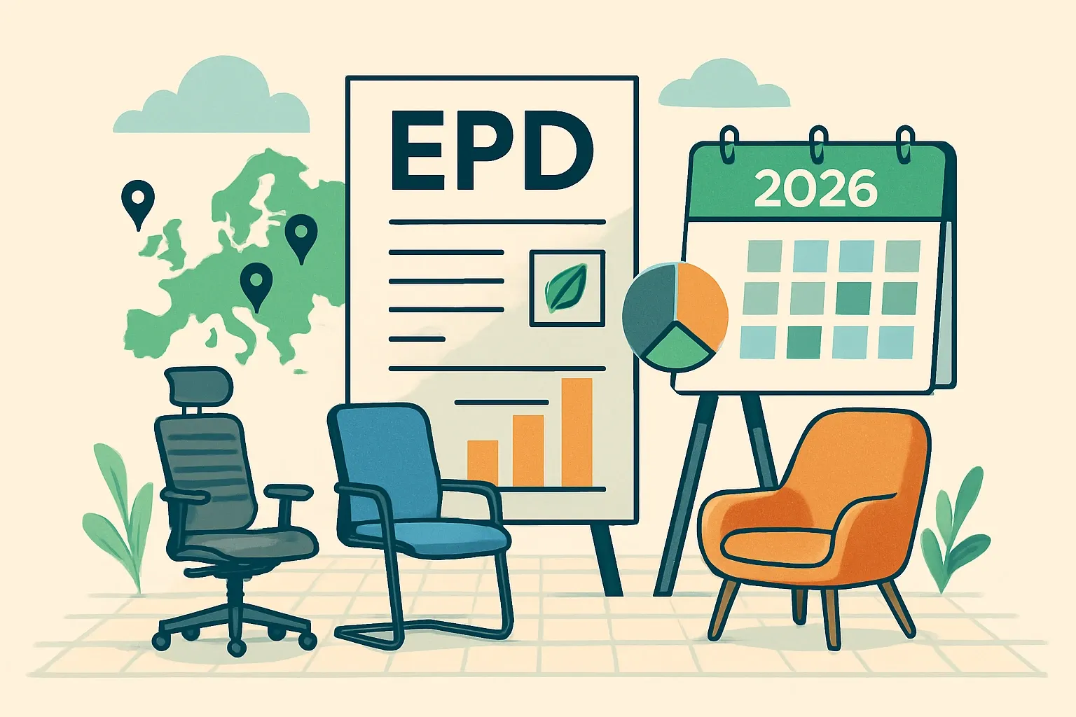 Generate an illustration for an article following this concept:

EPDs for Chairs and Seating in Europe: data guide
If you make task chairs, office seating, or lounge chairs, this 2026 snapshot shows exactly who is publishing EPDs in Europe, which program operators and PCRs dominate, and when renewals will cluster. Use it to set your product roadmap and avoid renewal traffic jams.

Ensure that you use no text, as this illustration will be used on international translations of the article..

Use an illustrative style (e.g. isometic) and don't generate in a photorealistic style.