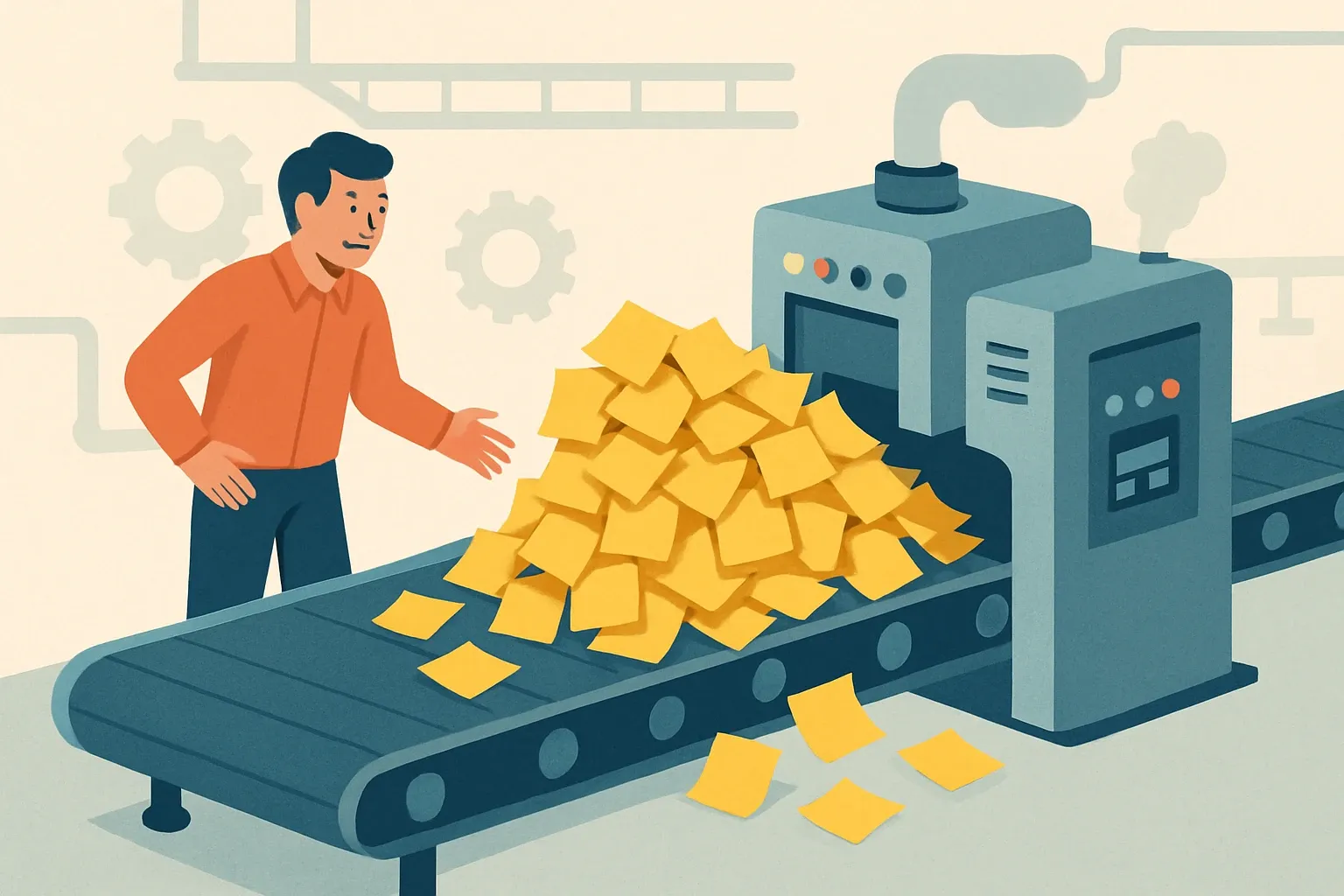 Factory floor conveyor belt slowed by too many sticky notes, symbolising scattered data sources clogging progress.