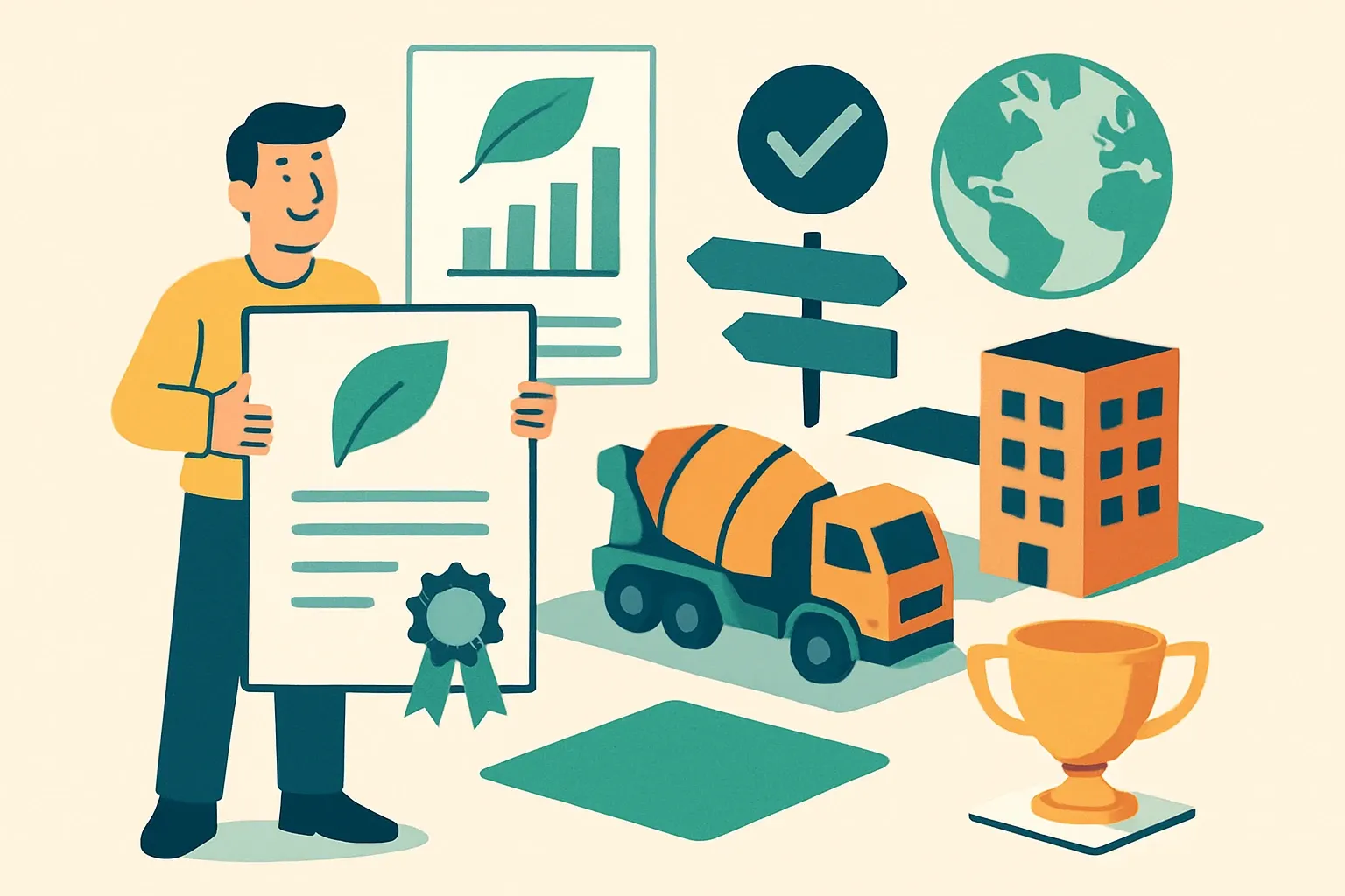 Generate an illustration for an article following this concept:

Congrats Performance Portfolio on first‑ever EPDs
Specs in Southeast Asia are moving fast toward verified carbon data. Performance Portfolio Sdn Bhd just put points on the board with its first‑ever Environmental Product Declarations, a smart move for concrete that competes on more than price. Here is what they published, who verified it, and how that shifts the spec battle in their backyard.

Ensure that you use no text, as this illustration will be used on international translations of the article..

Use an illustrative style (e.g. isometic) and don't generate in a photorealistic style.