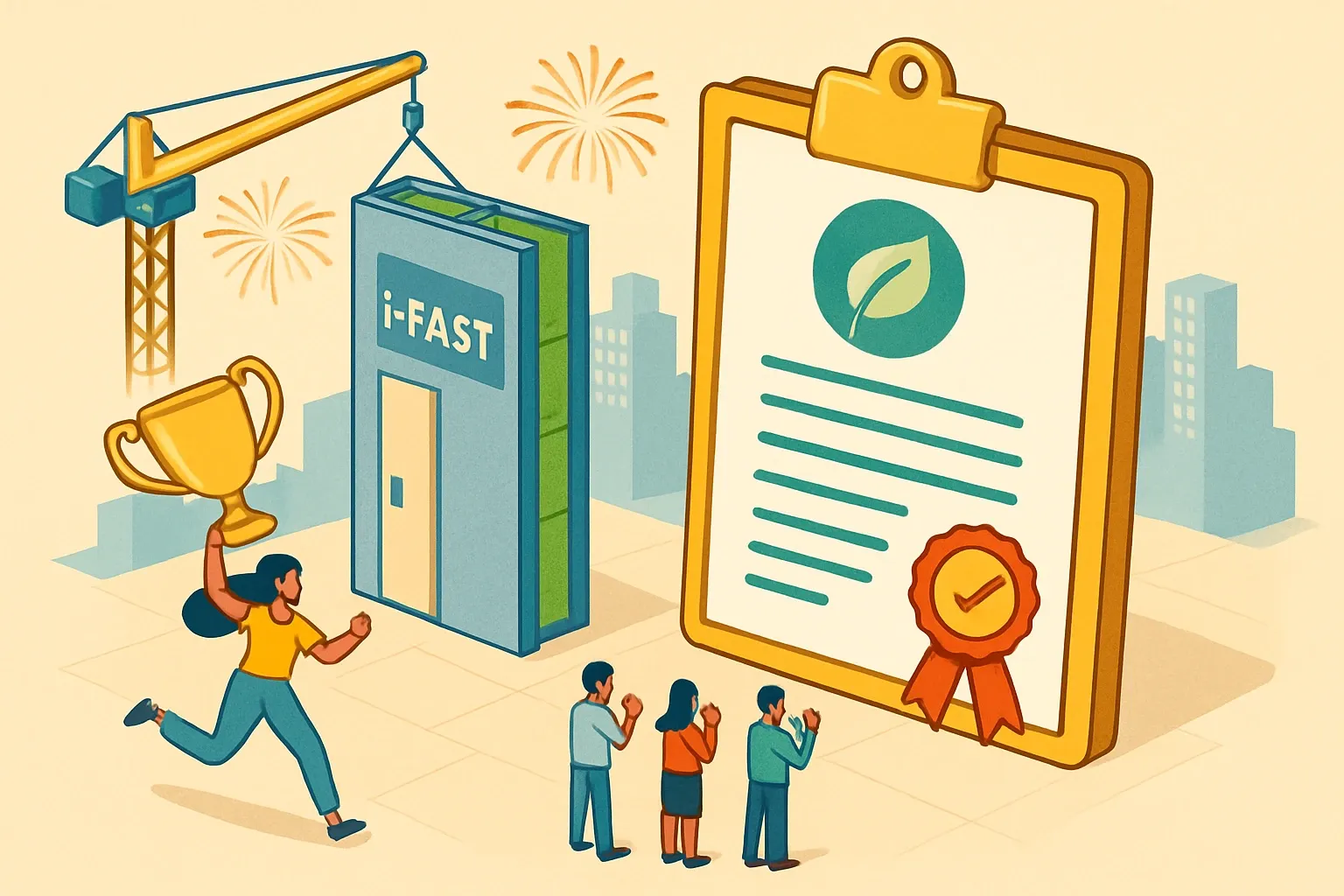 Generate an illustration for an article following this concept:

Congrats, Innovare: First EPD for i-FAST Wall System
Innovare just put a key credential on the board. In November 2025 they published their first Environmental Product Declaration for the i-FAST external wall system, giving specifiers a verified data sheet for embodied impacts and a smoother path in carbon-accountable projects. It is the signal many buyers wait for before short‑listing a newcomer.

Ensure that you use no text, as this illustration will be used on international translations of the article..

Use an illustrative style (e.g. isometic) and don't generate in a photorealistic style.