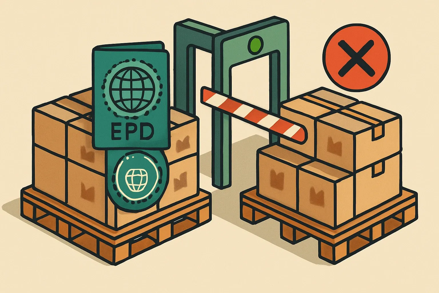 Visual of a product pallet stamped with a passport-style EPD badge clearing a customs gate while an unstamped pallet is turned away.