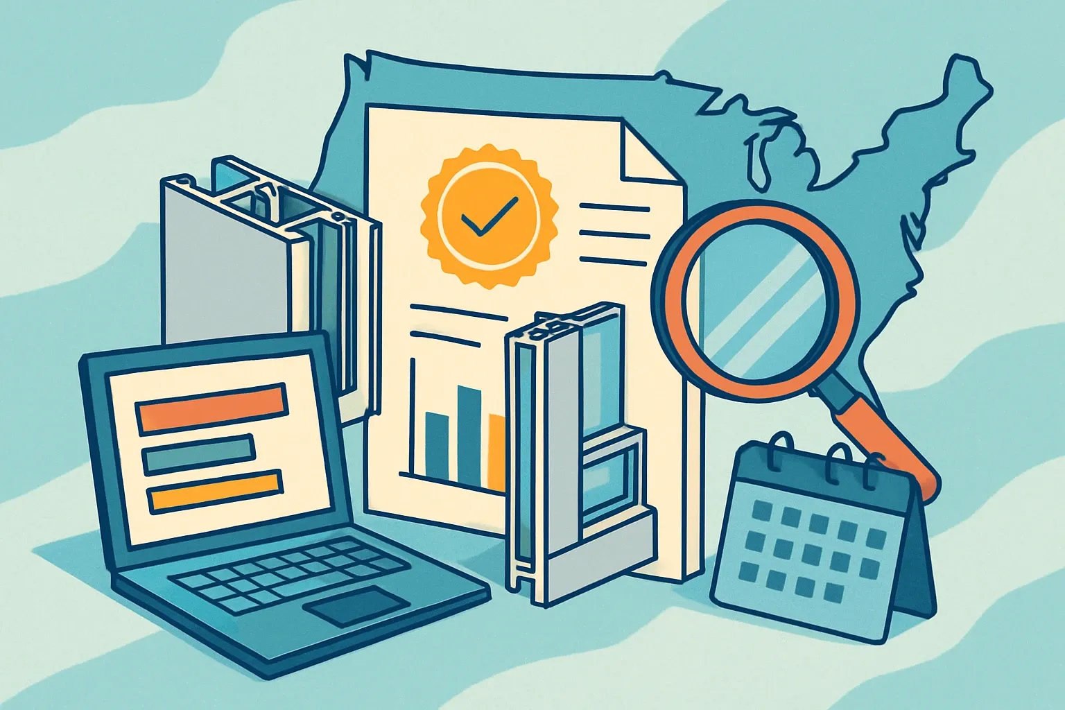 Generate an illustration for an article following this concept:

Fenestration Framing EPDs in the U.S. The Data Guide
Planning an Environmental Product Declaration for aluminum window framing, storefront, curtain wall, or window wall in 2026. Here is the full market snapshot for the United States, based on the public registry most specifiers use today. Use it to benchmark competitors, pick a PCR with confidence, and time renewals before they crowd your calendar.

Ensure that you use no text, as this illustration will be used on international translations of the article..

Use an illustrative style (e.g. isometic) and don't generate in a photorealistic style.