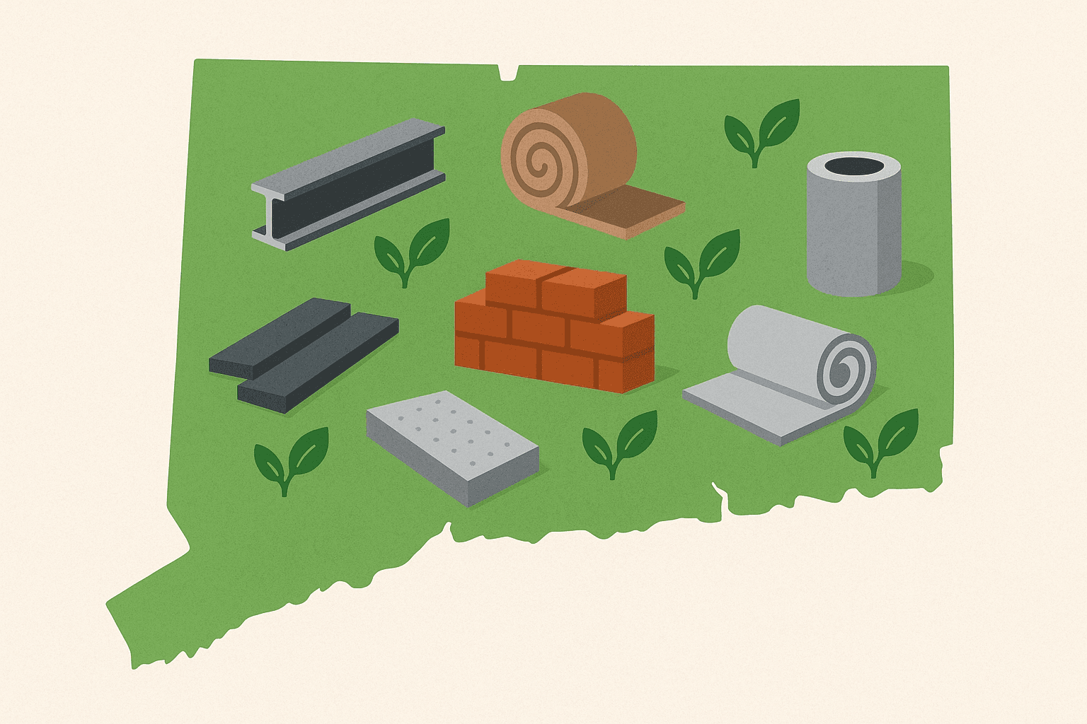 Connecticut map filled with icons of green-certified materials (steel beam, brick, insulation roll)