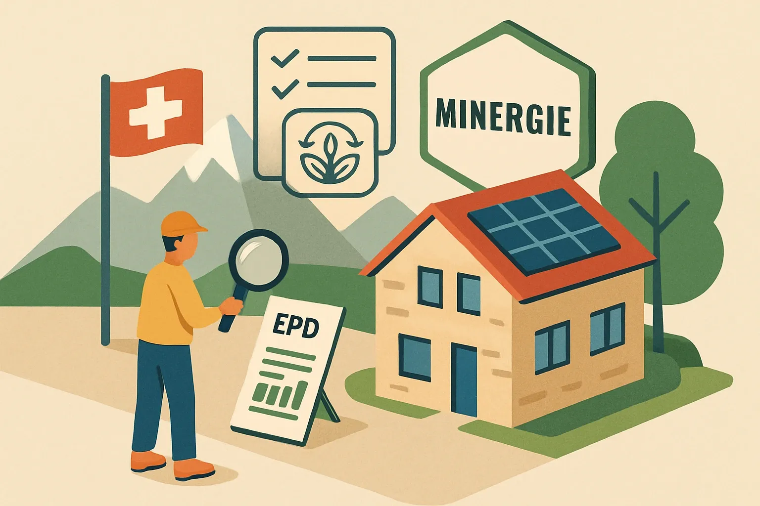 Generate an illustration for an article following this concept:

Minergie-ECO in Switzerland, decoded for manufacturers
If your products land in Swiss projects, Minergie-ECO is likely on the spec sheet. It layers material health and construction ecology on top of Minergie energy rules. Here is what it asks of products, how EPDs plug into proof, and why getting ahead of these requirements can swing tenders in your favor without burning your team’s calendar.

Ensure that you use no text, as this illustration will be used on international translations of the article..

Use an illustrative style (e.g. isometic) and don't generate in a photorealistic style.
