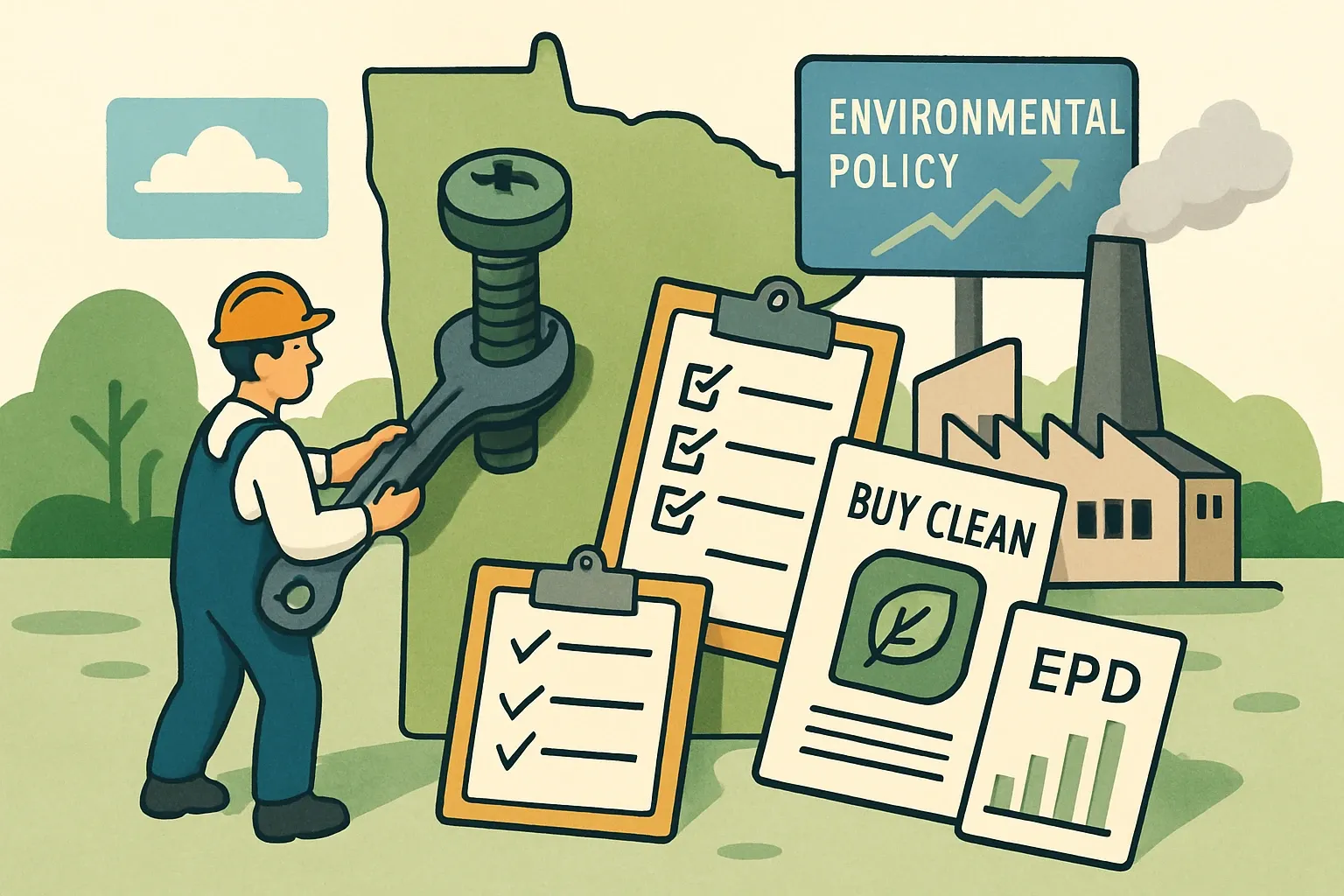 Generate an illustration for an article following this concept:

Minnesota’s Climate Action Framework, decoded for manufacturers
Minnesota is tightening the screws on climate pollution and material transparency. If your products touch state projects or Minnesota‑based specifiers, EPDs are shifting from nice‑to‑have to ticket‑to‑play. Here is what the Framework means in plain English, how Buy Clean is taking shape, and the steps that help you land on shortlists without derailing your team for months.

Ensure that you use no text, as this illustration will be used on international translations of the article..

Use an illustrative style (e.g. isometic) and don't generate in a photorealistic style.