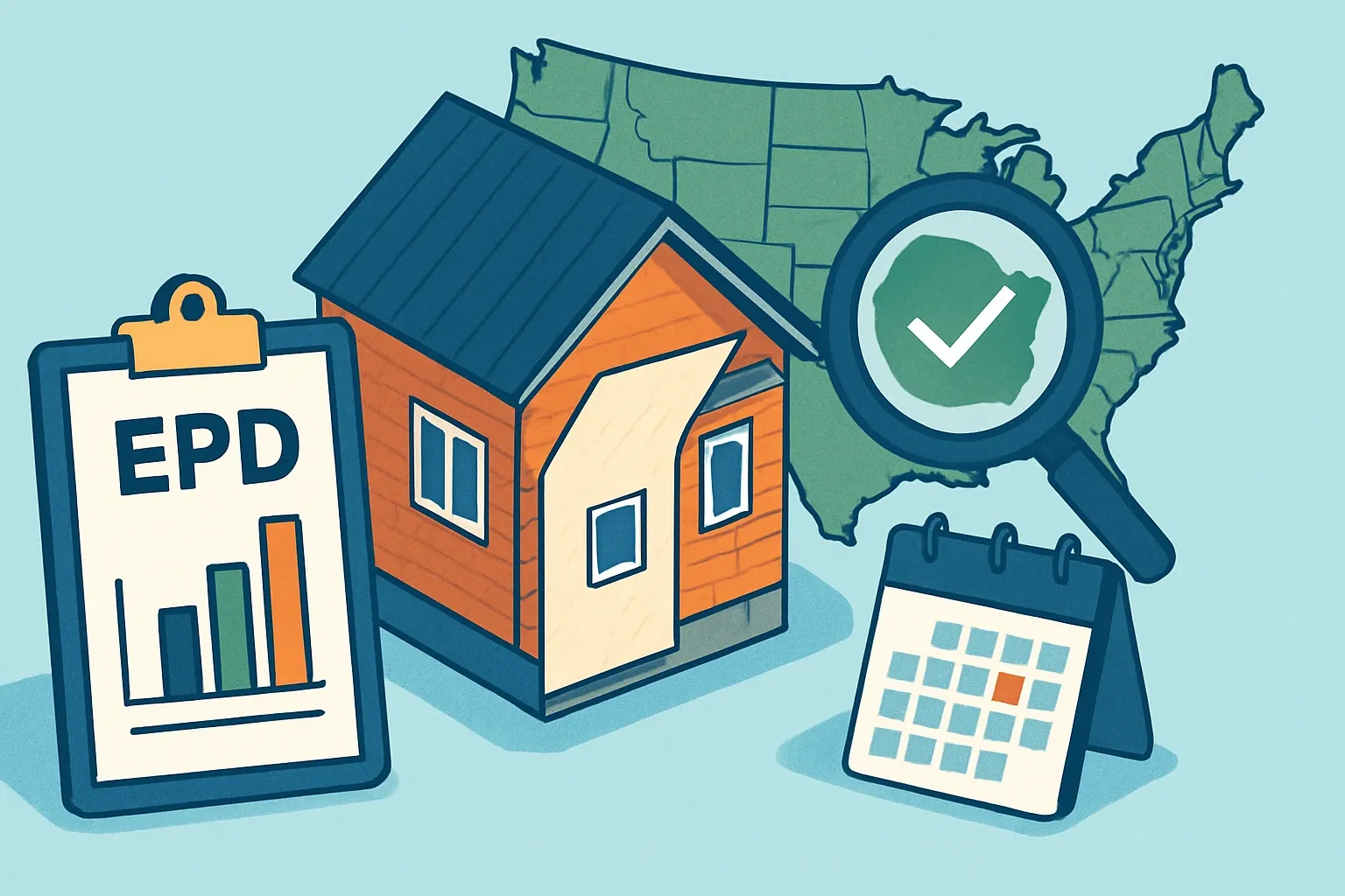 Generate an illustration for an article following this concept:

EPDs for Weather Barriers in the US: Data‑Driven Guide
Planning a product‑specific EPD for a weather barrier, air barrier, WRB, or housewrap in 2026? Here is the definitive market snapshot for the United States with who is publishing, which PCRs are winning, and when renewals hit so you can time your launch and avoid nasty surprises.

Ensure that you use no text, as this illustration will be used on international translations of the article..

Use an illustrative style (e.g. isometic) and don't generate in a photorealistic style.