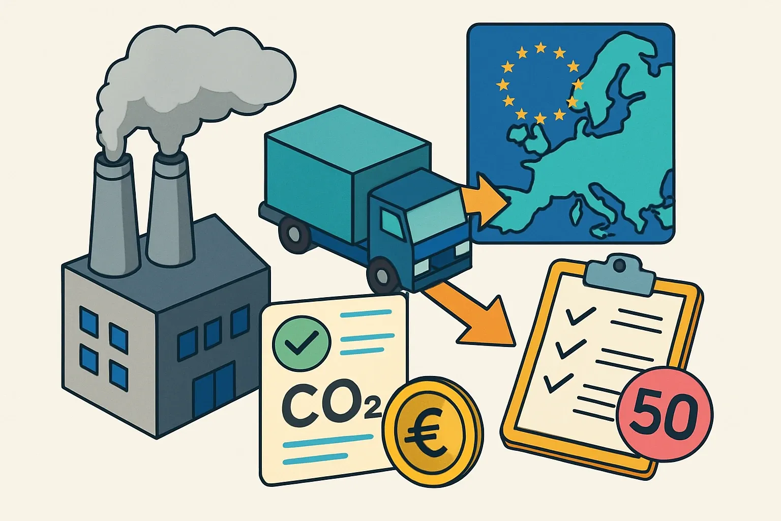Generate an illustration for an article following this concept:

EU CBAM explained for manufacturers
Selling into the EU now carries a carbon cover charge. If a product’s embedded emissions are high or undocumented, the importer buys CBAM certificates to square the ledger. The good news is that the math leans on the same primary data great EPDs use, and sloppy reporting can trigger fines of €10 to €50 per tonne of unreported emissions (EUR‑Lex, 2024) ([EUR-Lex, 2024](https://eur-lex.europa.eu/eli/reg_impl/2023/1773/oj)).

Ensure that you use no text, as this illustration will be used on international translations of the article..

Use an illustrative style (e.g. isometic) and don't generate in a photorealistic style.