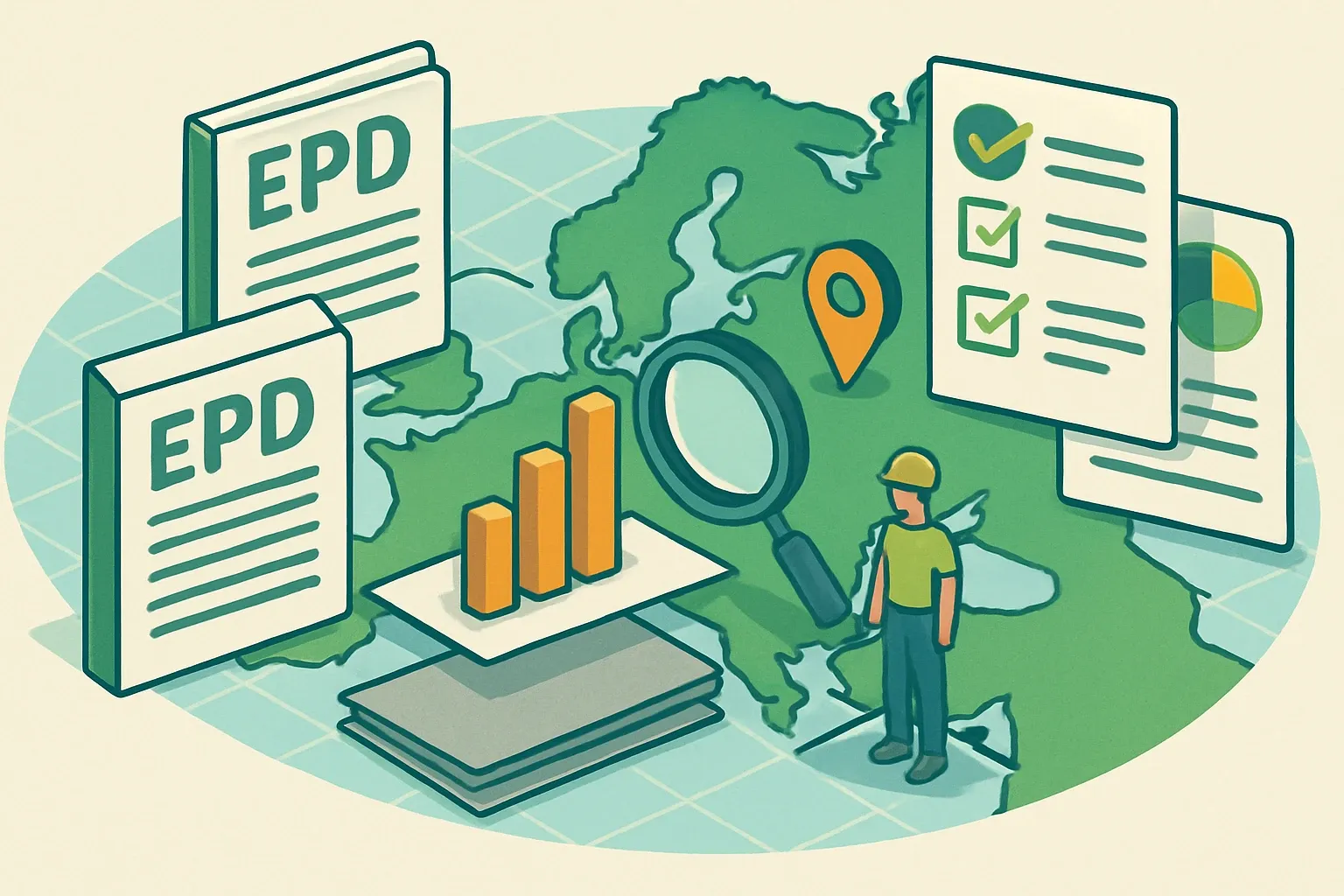 Generate an illustration for an article following this concept:

EPDs for Single-Ply EPDM in Europe, the data guide
Planning an EPDM roofing EPD in 2026? Here is the most complete snapshot we have on Europe right now, with who is publishing, which program operators dominate, and which PCRs competitors are choosing. If you make single‑ply EPDM membranes, rubber roofing, or EPDM single ply membrane systems, this guide shows the real market patterns that matter to specs and bids.

Ensure that you use no text, as this illustration will be used on international translations of the article..

Use an illustrative style (e.g. isometic) and don't generate in a photorealistic style.