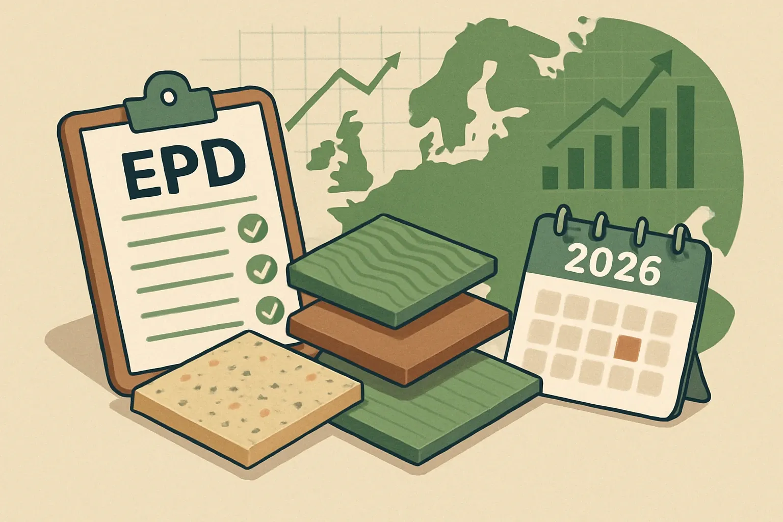 Generate an illustration for an article following this concept:

EPDs for Backing and Underlay in Europe
Planning a Backing and Underlay EPD in 2026? Here is the data, the patterns, and what they mean for go‑to‑market timing in Europe. We cover underlay, underlayment, carpet underlay, acoustic underlay, and backing boards where they intersect with common PCRs and program operators.

Ensure that you use no text, as this illustration will be used on international translations of the article..

Use an illustrative style (e.g. isometic) and don't generate in a photorealistic style.