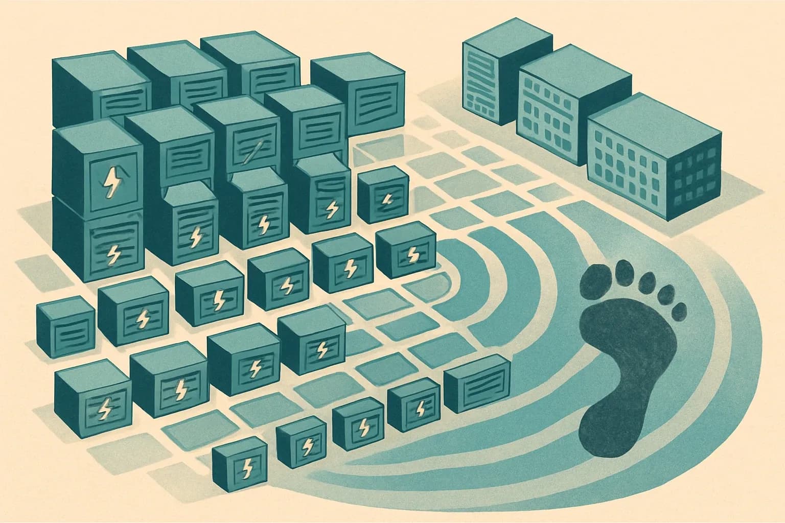 A single bolt icon duplicated across a grid of server racks, with each duplicate adding a faint carbon footprint ripple that grows into a visible wave at campus scale.