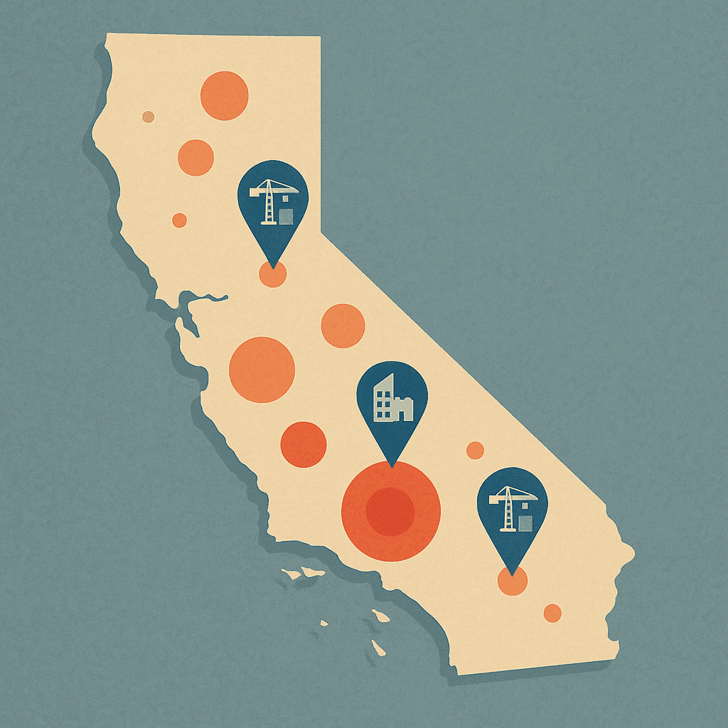 California map with emission hotspots and contractor sites flagged