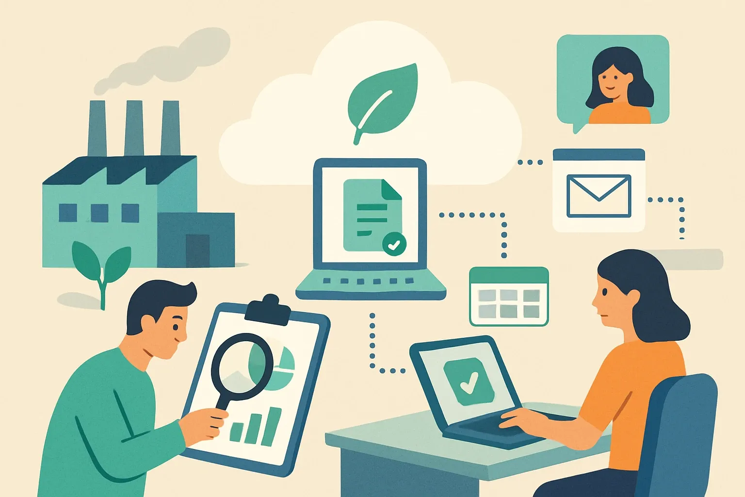 Generate an illustration for an article following this concept:

EPD Data Collection, Delivered as a Service
For most manufacturers, the grind is not the LCA math. It is the scavenger hunt across ERP tables, plant spreadsheets, and supplier inboxes. Treat data collection as a managed service that maps where facts actually live, connects to systems, and handles outreach with verification baked in. The payoff is a reusable environmental data asset that supports multiple EPDs and renewals, not another one‑off file lost in a folder.

Ensure that you use no text, as this illustration will be used on international translations of the article..

Use an illustrative style (e.g. isometic) and don't generate in a photorealistic style.