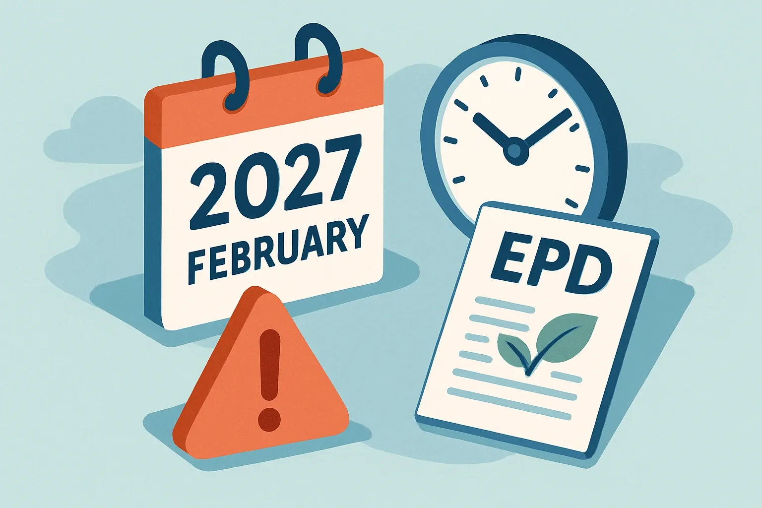 Generate an illustration for an article following this concept:

Saint‑Gobain EPDs set to lapse in February 2027
Four Saint‑Gobain declarations are on the clock for February 2027. If those EPDs lapse without updated versions, specifiers can lose easy-to-cite carbon data and projects may pivot to competitors with current files. Below we name the expiring EPDs, flag any already‑published replacements, and call out credible alternatives specifiers are likely to pick if a gap opens. Timely renewals keep products visible in bid books and avoid last‑minute scrambles that eat into team time and margins.

Ensure that you use no text, as this illustration will be used on international translations of the article..

Use an illustrative style (e.g. isometic) and don't generate in a photorealistic style.