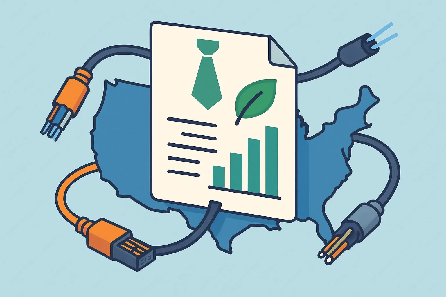 Generate an illustration for an article following this concept:

EPDs for Data Cabling in the United States
The 2026 landscape for data cabling EPDs in the United States is clearer than ever. Whether you call it structured cabling, communications cabling, LAN cable, Cat 6 and Cat 6A, or optical fiber cabling, this guide shows who is publishing, which rulebooks they follow, and when renewals will bite. If you are scoping your first EPD or refreshing a portfolio, you will see exactly where the bar sits today.

Ensure that you use no text, as this illustration will be used on international translations of the article..

Use an illustrative style (e.g. isometic) and don't generate in a photorealistic style.
