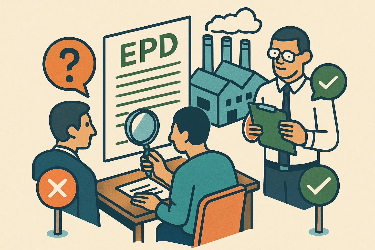 Generate an illustration for an article following this concept:

What Makes an EPD Truly Defendable
If an EPD can’t survive tough questions from a specifier or a third‑party auditor, it will not help you win work. The good ones read clearly, match reality on the factory floor, and stand up to scrutiny without frantic back‑fills. Here is how to tell the difference before you commit time and budget.

Ensure that you use no text, as this illustration will be used on international translations of the article..

Use an illustrative style (e.g. isometic) and don't generate in a photorealistic style.