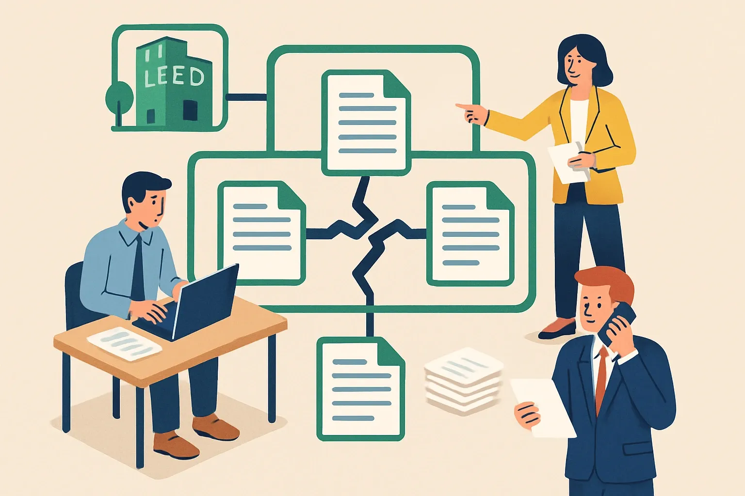 Generate an illustration for an article following this concept:

LEED v5 Exposes Broken Internal Handoffs
LEED v5 compresses timelines and changes how building products are evaluated. New BD+C, ID+C, and O+M projects that register on or after July 1, 2026 must use v5, while earlier v4 or v4.1 registrations can continue on their own path. That gap creates real sales pressure. Teams that cannot find the right document fast or route answers quickly will watch specs slip away while faster competitors win the response window ([USGBC LEED certification deadlines, 2026](https://www.usgbc.org/tools/leed-certification/deadlines/)).

Ensure that you use no text, as this illustration will be used on international translations of the article..

Use an illustrative style (e.g. isometic) and don't generate in a photorealistic style.