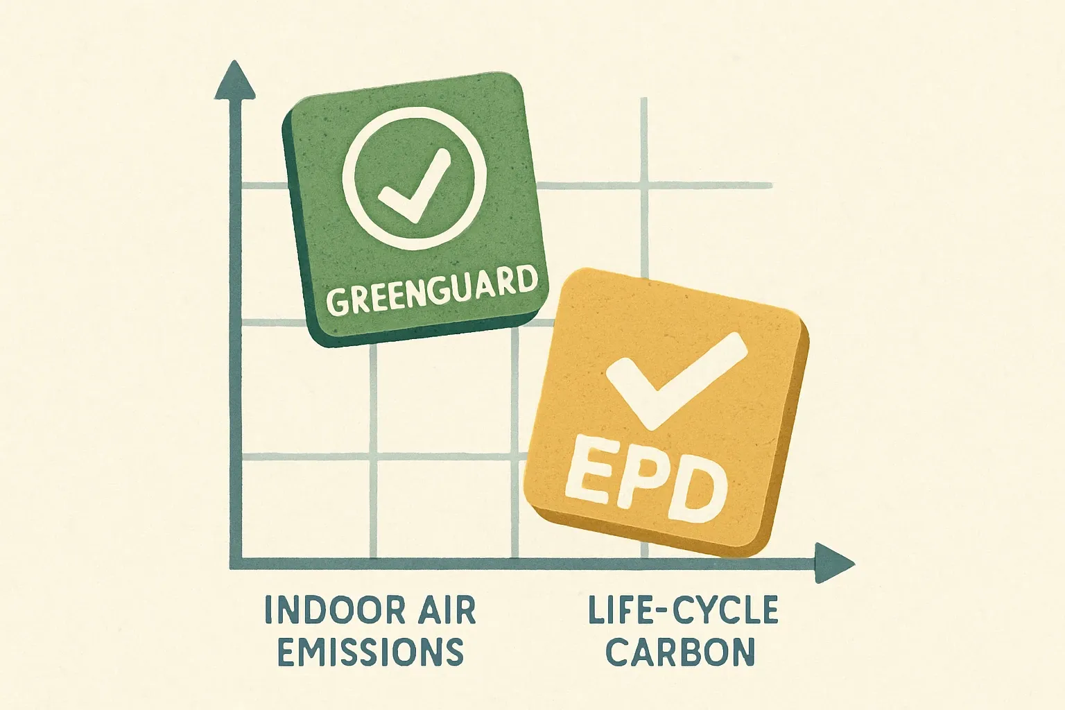 A simple grid with one axis labeled Indoor Air Emissions and the other Life‑Cycle Carbon. Two large stamps show GREENGUARD on the emissions axis and EPD on the carbon axis, emphasizing complementarity.