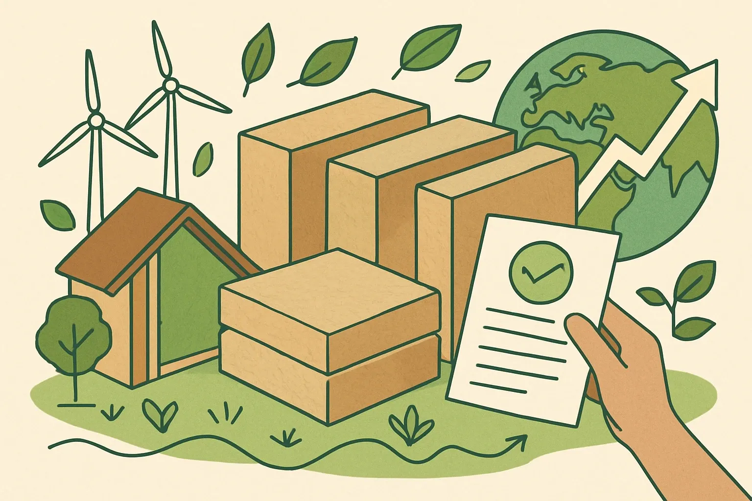 Generate an illustration for an article following this concept:

Congrats, Industrial Nature: first EPD for IndiTherm
Natural‑fiber insulation is having a moment, and verified data decides who gets shortlisted. Industrial Nature just put numbers behind the narrative with its first Environmental Product Declaration for IndiTherm. That unlocks easier like‑for‑like comparisons in bids and removes the default‑factor penalty that quietly edges products out of specs. Here’s what went live, who verified it, and how the competitive math shifts from here.

Ensure that you use no text, as this illustration will be used on international translations of the article..

Use an illustrative style (e.g. isometic) and don't generate in a photorealistic style.