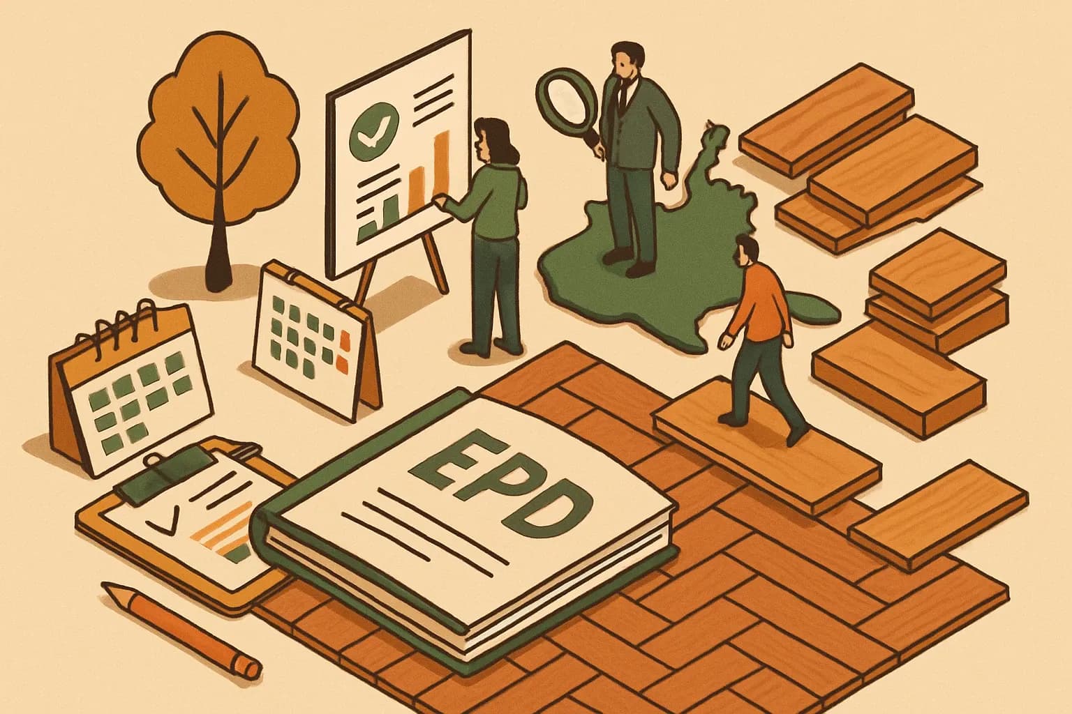 Generate an illustration for an article following this concept:

Wood Flooring EPDs in the United States
Planning an EPD for hardwood flooring, engineered wood flooring, parquet, or plank wood floors this year? This 2026 deep dive shows who is publishing, which program operators they use, which PCRs dominate, when renewals will spike, and how to pick a smart path that moves specs and sales without drama.

Ensure that you use no text, as this illustration will be used on international translations of the article..

Use an illustrative style (e.g. isometic) and don't generate in a photorealistic style.