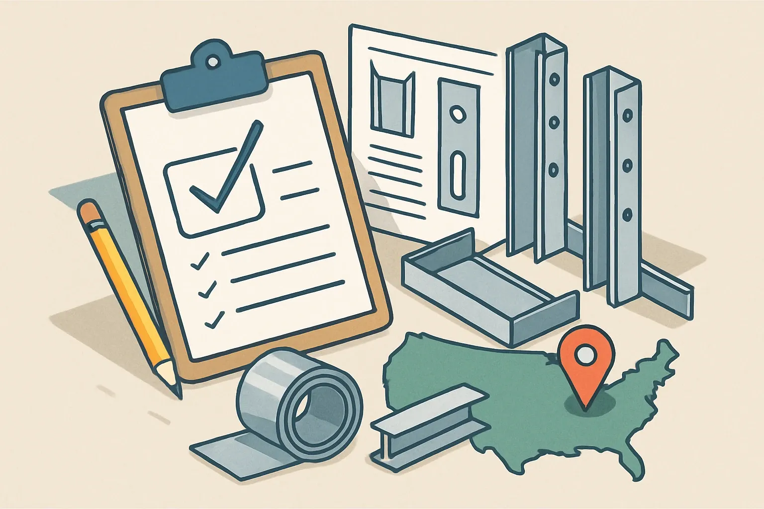 Generate an illustration for an article following this concept:

EPDs for Cold‑Formed Framing in the United States
Planning EPDs for cold‑formed steel framing in 2026? Here is the definitive snapshot for steel studs, tracks, and light‑gauge metal framing in the United States, translated into plain English and practical next steps. We pulled the current market, the favored PCRs, the go‑to program operators, and where expiries cluster so you can plan renewals and new releases with confidence.

Ensure that you use no text, as this illustration will be used on international translations of the article..

Use an illustrative style (e.g. isometic) and don't generate in a photorealistic style.