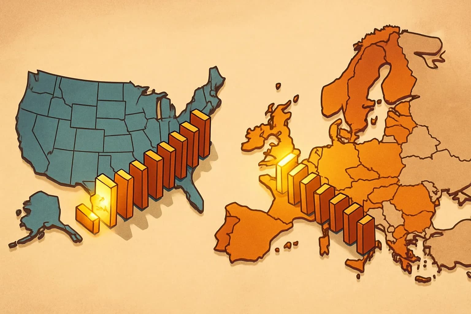 A simple map of the US and Europe with states/countries that mandate EPDs lit up sequentially to show how rules spread from early adopters to neighbors.