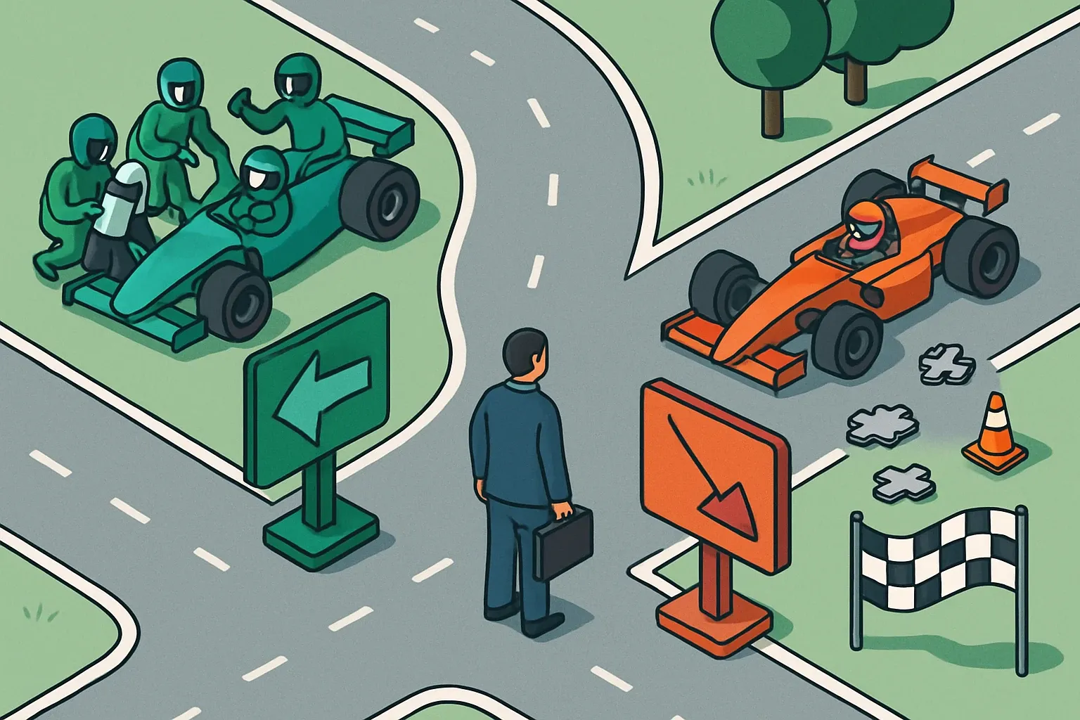 Generate an illustration for an article following this concept:

How to choose an LCA provider for EPD creation
Picking an LCA partner can either feel like a smooth pit stop or a multi‑lap delay. The right team shortens time to a publishable, third‑party verified EPD and frees your engineers from spreadsheet archaeology. The wrong fit eats months and leaves sales without the proof buyers ask for.

Ensure that you use no text, as this illustration will be used on international translations of the article..

Use an illustrative style (e.g. isometic) and don't generate in a photorealistic style.