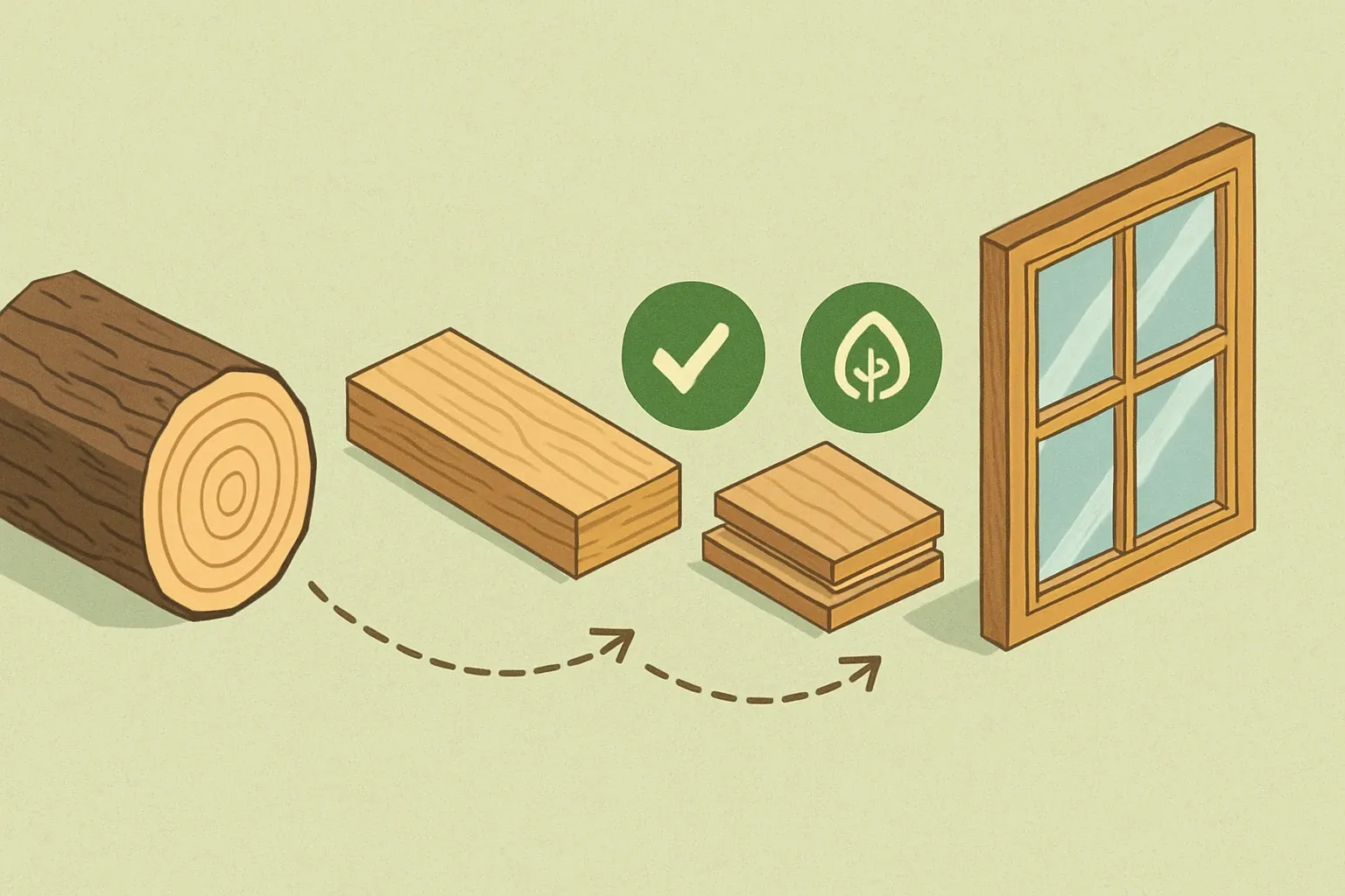 A sliced log morphs along a timeline into a finished wood window, with FSC and SFI check marks appearing midway to depict certified sourcing journey.