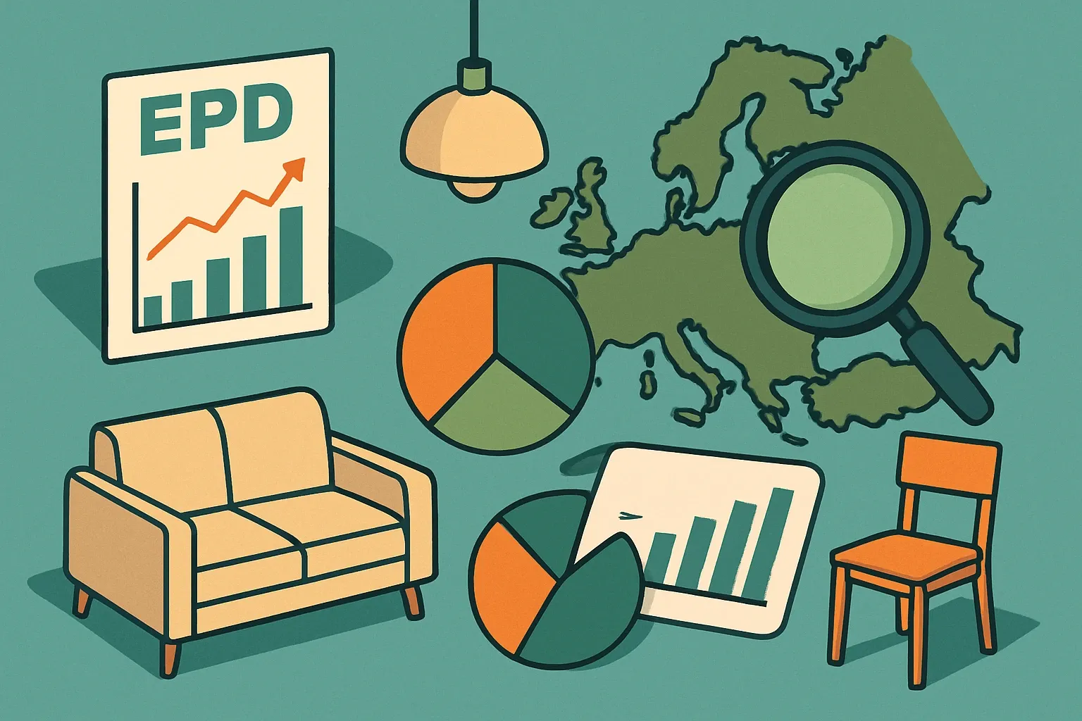 Generate an illustration for an article following this concept:

EPDs for Furnishings in Europe: The data‑backed guide
Building product teams in furniture, lighting, and interior fit‑out want clear signals in 2026. Here is the European furnishings EPD landscape in plain numbers, what it means for specs, and where renewals will bite first.

Ensure that you use no text, as this illustration will be used on international translations of the article..

Use an illustrative style (e.g. isometic) and don't generate in a photorealistic style.