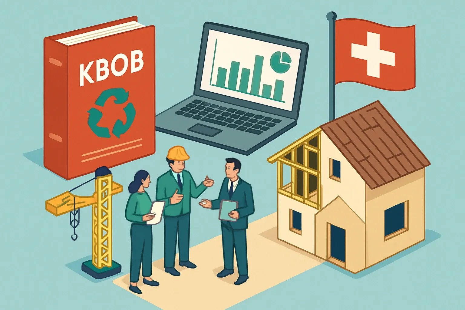 Generate an illustration for an article following this concept:

KBOB LCA Data for Swiss Construction, Explained
Winning Swiss specs gets easier when teams speak the same data language. The KBOB life cycle assessment dataset is that lingua franca. It guides public buyers and design teams, and it can guide manufacturers too. Here’s how to use it to sharpen LCAs, align with SIA’s climate path, and decide when a product‑specific EPD gives you the commercial edge. Yes, you can do both without drowning in spreadsheets.

Ensure that you use no text, as this illustration will be used on international translations of the article..

Use an illustrative style (e.g. isometic) and don't generate in a photorealistic style.