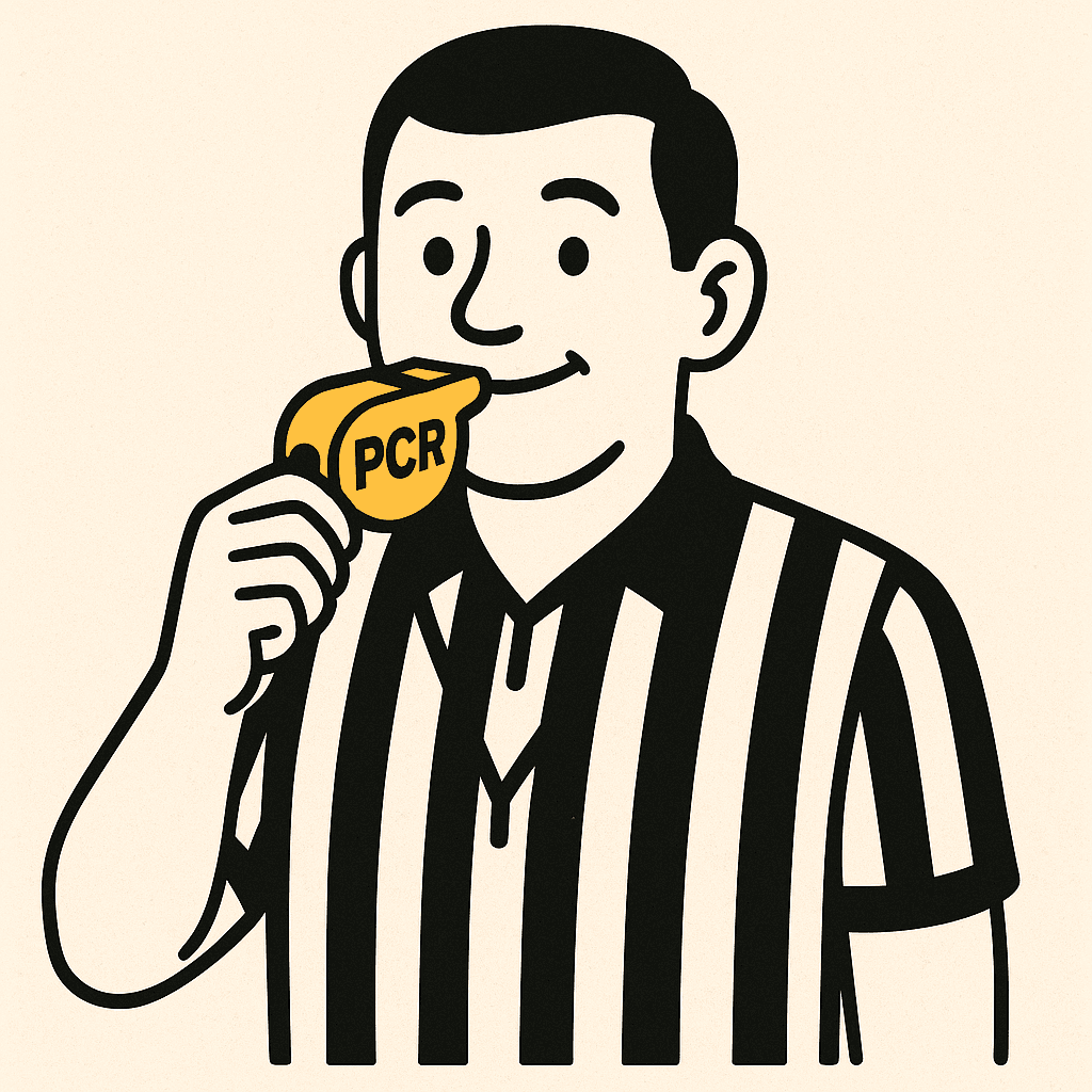 A referee with a PCR whistle illustrating that Product Category Rules are like the rulebook of a game
