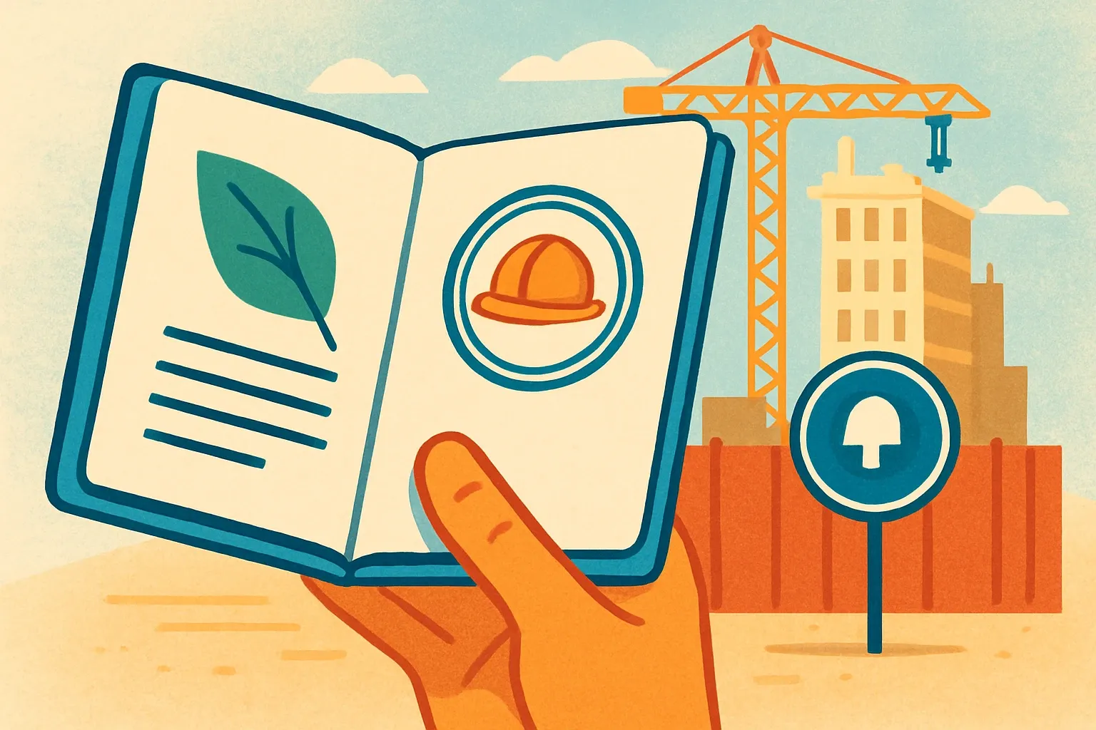 A stylized EPD document stamped like a passport allowing entry into a state-project construction site guarded by a hard-hat icon.