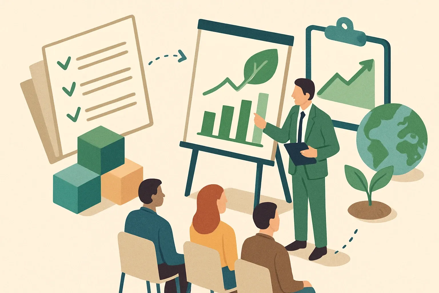 Generate an illustration for an article following this concept:

Sustainability storytelling that wins specs and proves progress
Specs are crowded. Buyers skim. A clear story about climate progress can move a product from “maybe” to “selected” without sinking margins. This is not fluff. It is structured, verifiable communication that turns LCAs, EPDs, and HPDs into proof customers can trust and reuse across bids.

Ensure that you use no text, as this illustration will be used on international translations of the article..

Use an illustrative style (e.g. isometic) and don't generate in a photorealistic style.