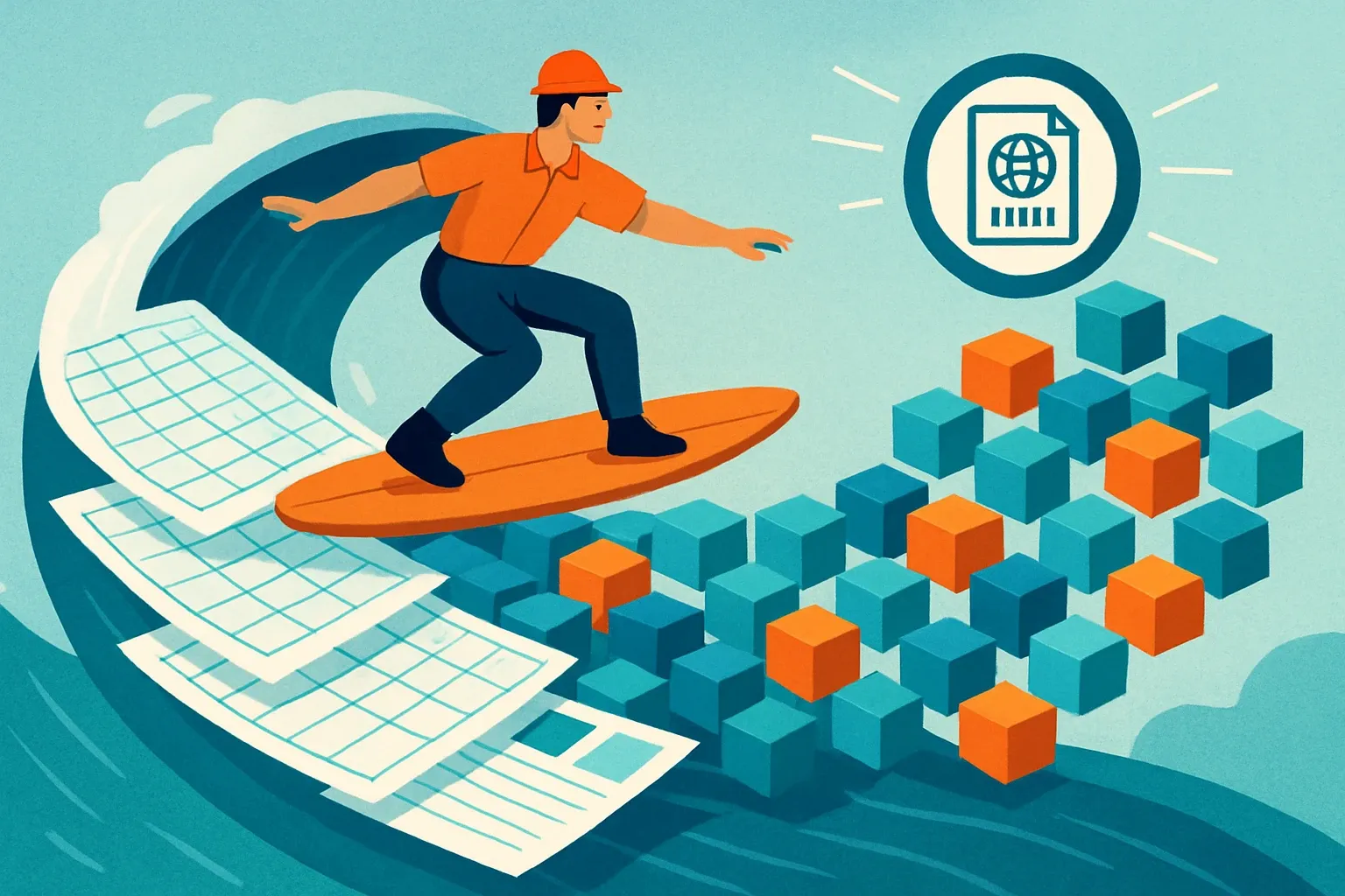 A factory worker surfing on a wave of spreadsheets that morph into clean, organized data blocks headed toward a digital product passport icon.