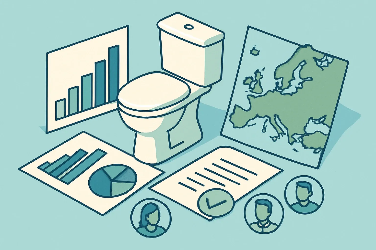 Generate an illustration for an article following this concept:

EPDs for Water Closets in Europe
Planning a toilet, WC, or sanitary ceramic EPD this year? Here is the definitive 2026 snapshot for Europe, built from the public registry most specifiers consult. It shows who is publishing, which PCRs dominate, where expiries cluster, and how to choose a program operator without second‑guessing.

Ensure that you use no text, as this illustration will be used on international translations of the article..

Use an illustrative style (e.g. isometic) and don't generate in a photorealistic style.