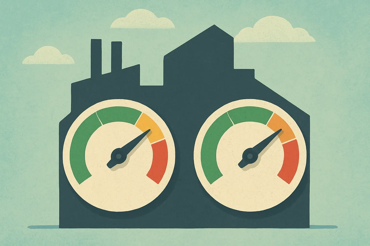A building silhouette with two circular gauges labeled Ic Construction and Ic Énergie, needles hovering near green thresholds to convey pass versus fail.