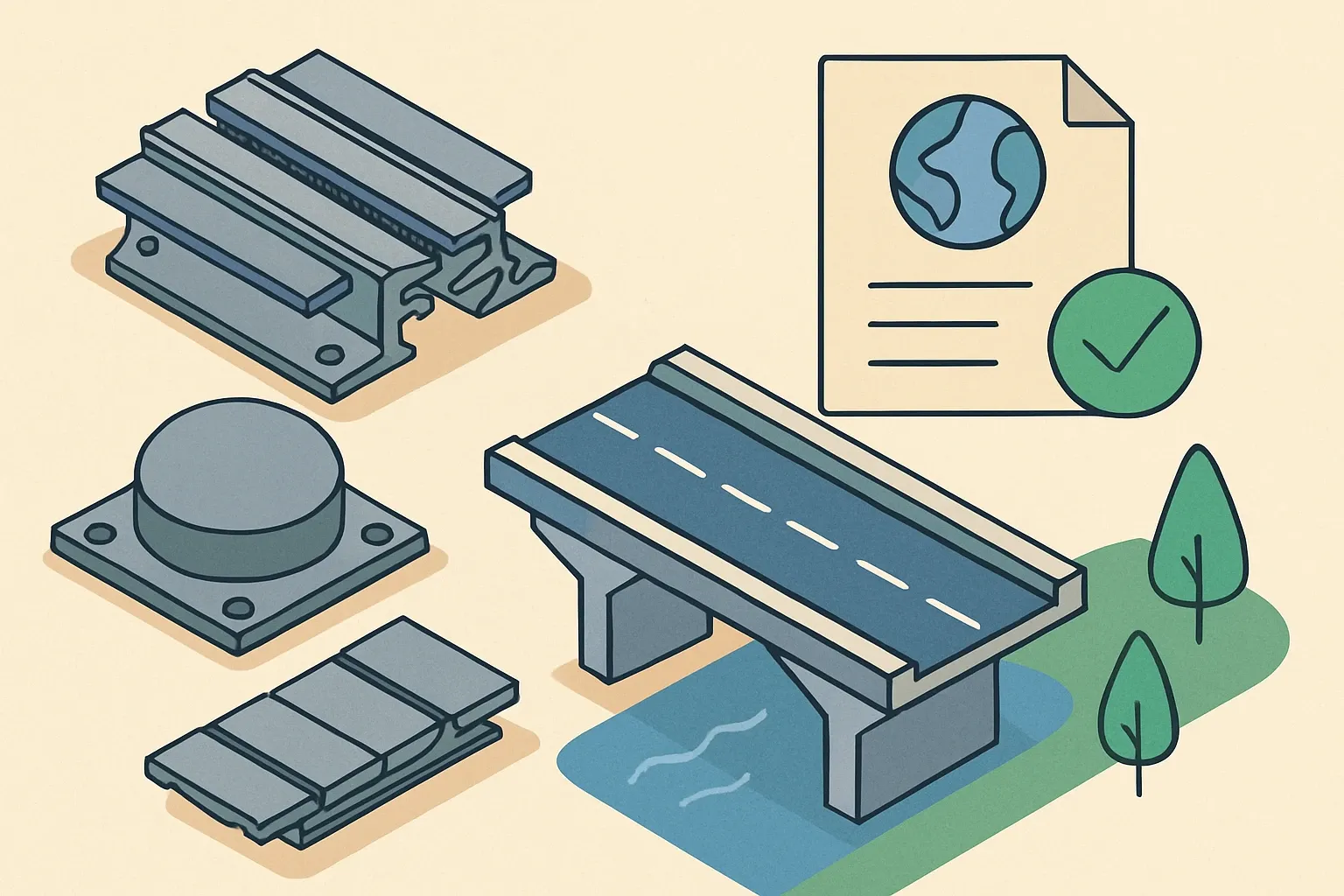 Generate an illustration for an article following this concept:

TENSA Bridge: products and the EPD coverage picture
Bridge hardware sells on trust. TENSA Bridge shows up with movement control products that keep decks riding smooth and structures safe. What is less clear to specifiers is how fully those lines are backed by Environmental Product Declarations, which more bids now expect to see.

Ensure that you use no text, as this illustration will be used on international translations of the article..

Use an illustrative style (e.g. isometic) and don't generate in a photorealistic style.
