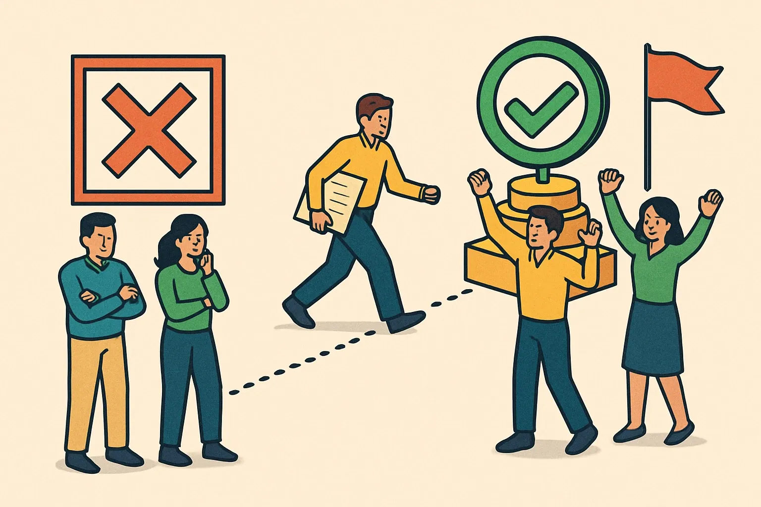 Generate an illustration for an article following this concept:

From EPD pushback to genuine buy in
Teams resist what feels abstract and slow. They rally around something that wins a bid or gets a product onto a submittal this quarter. The fastest way to turn EPD skeptics into supporters is to land an early, undeniable win and make it easy to repeat.

Ensure that you use no text, as this illustration will be used on international translations of the article..

Use an illustrative style (e.g. isometic) and don't generate in a photorealistic style.