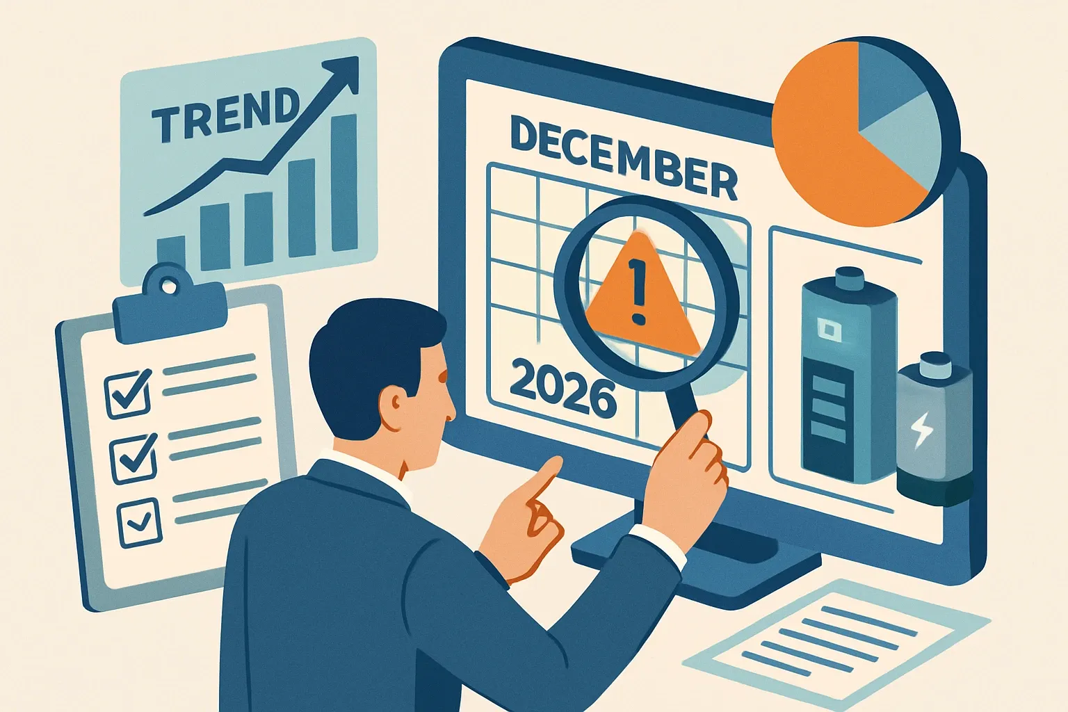 Generate an illustration for an article following this concept:

Trend Power Technology EPD watch for December 2026
Specifiers hate surprises. A flagged December 2026 expiration tied to the “Trend” name could suggest an EPD gap just when projects lock in submittals. Our review points to a misattribution rather than a real lapse for Trend Power Technology’s battery portfolio, yet it is a useful nudge to verify scopes, monitor renewal windows, and keep qualifying data visible so bids do not drift to competitors that publish more consistently.

Ensure that you use no text, as this illustration will be used on international translations of the article..

Use an illustrative style (e.g. isometic) and don't generate in a photorealistic style.